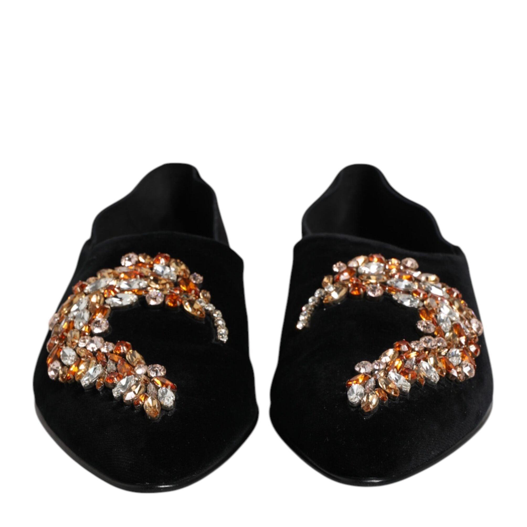 Dolce & Gabbana Black Velvet Embellished Loafer Slip On Shoes