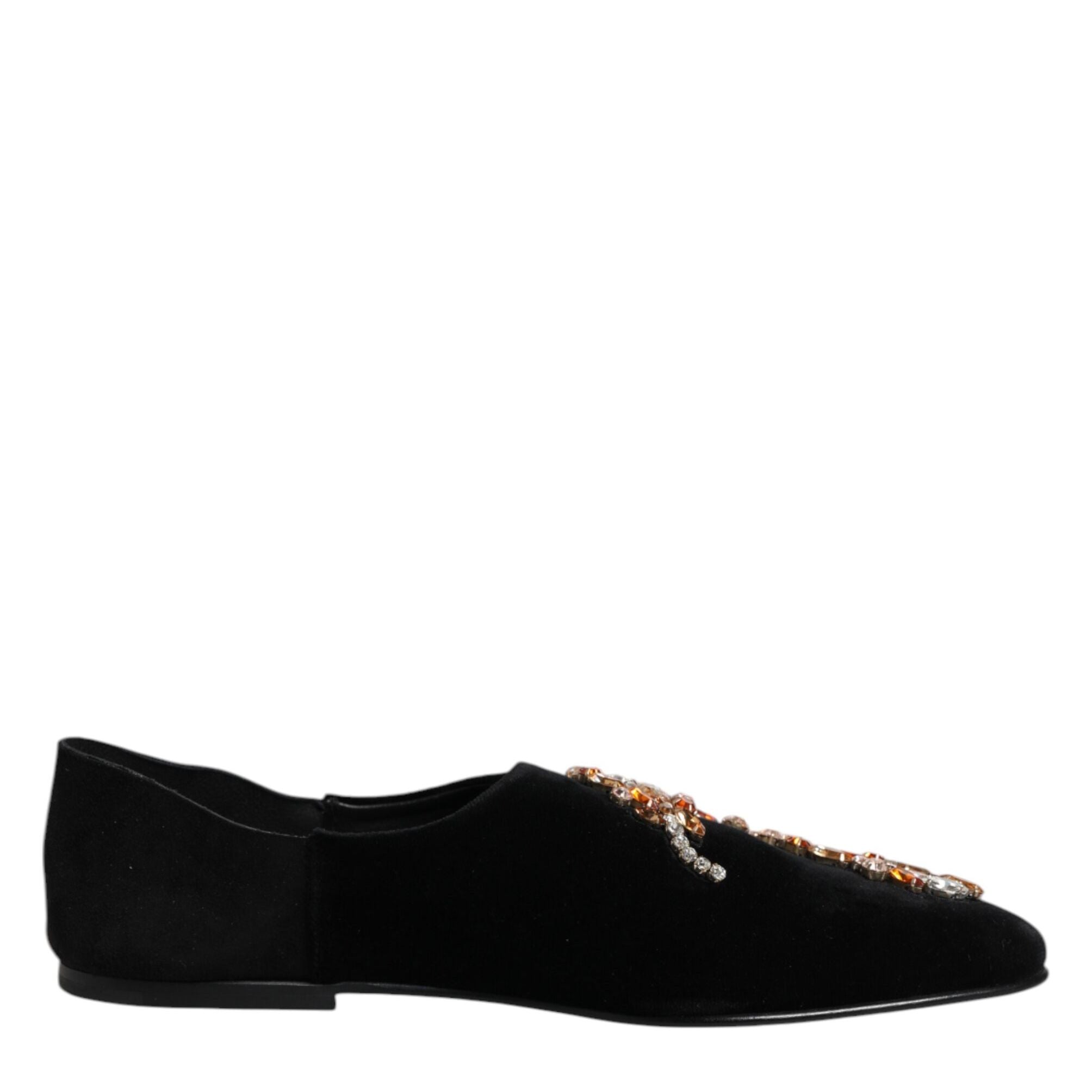 Dolce & Gabbana Black Velvet Embellished Loafer Slip On Shoes
