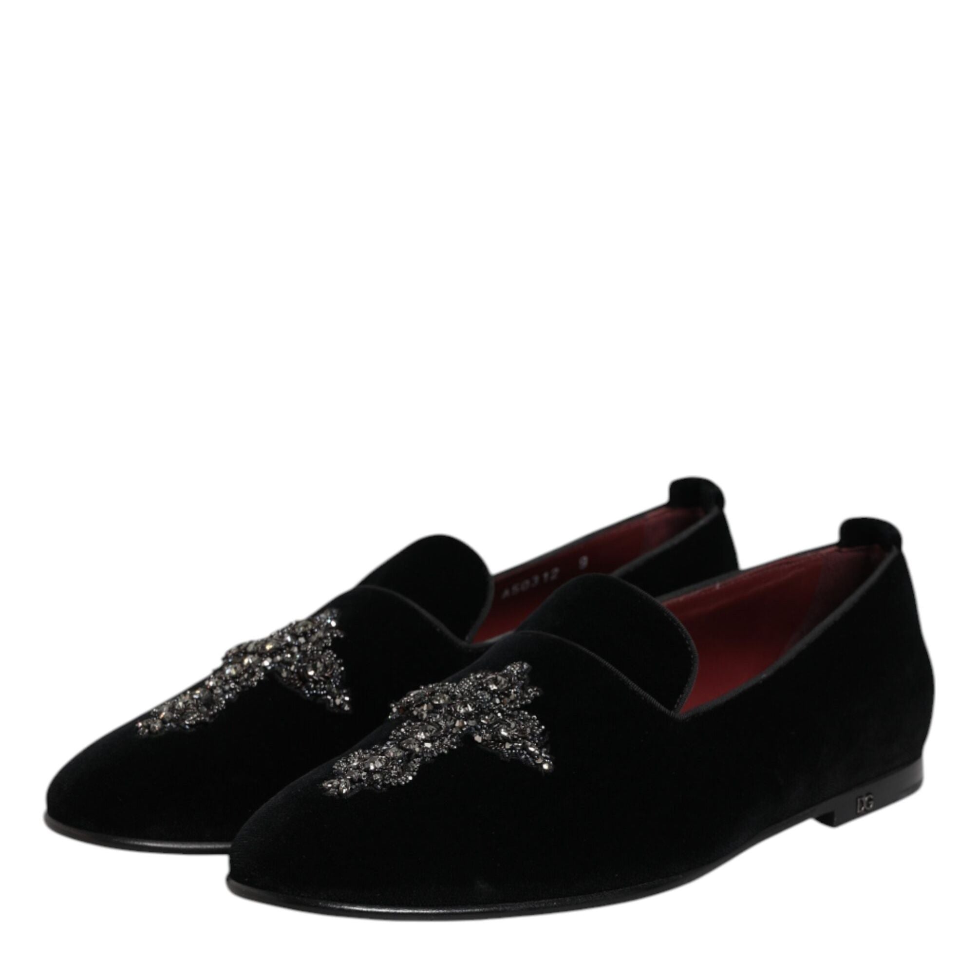 Dolce & Gabbana Black Velvet Embellished Loafer Slip On Shoes