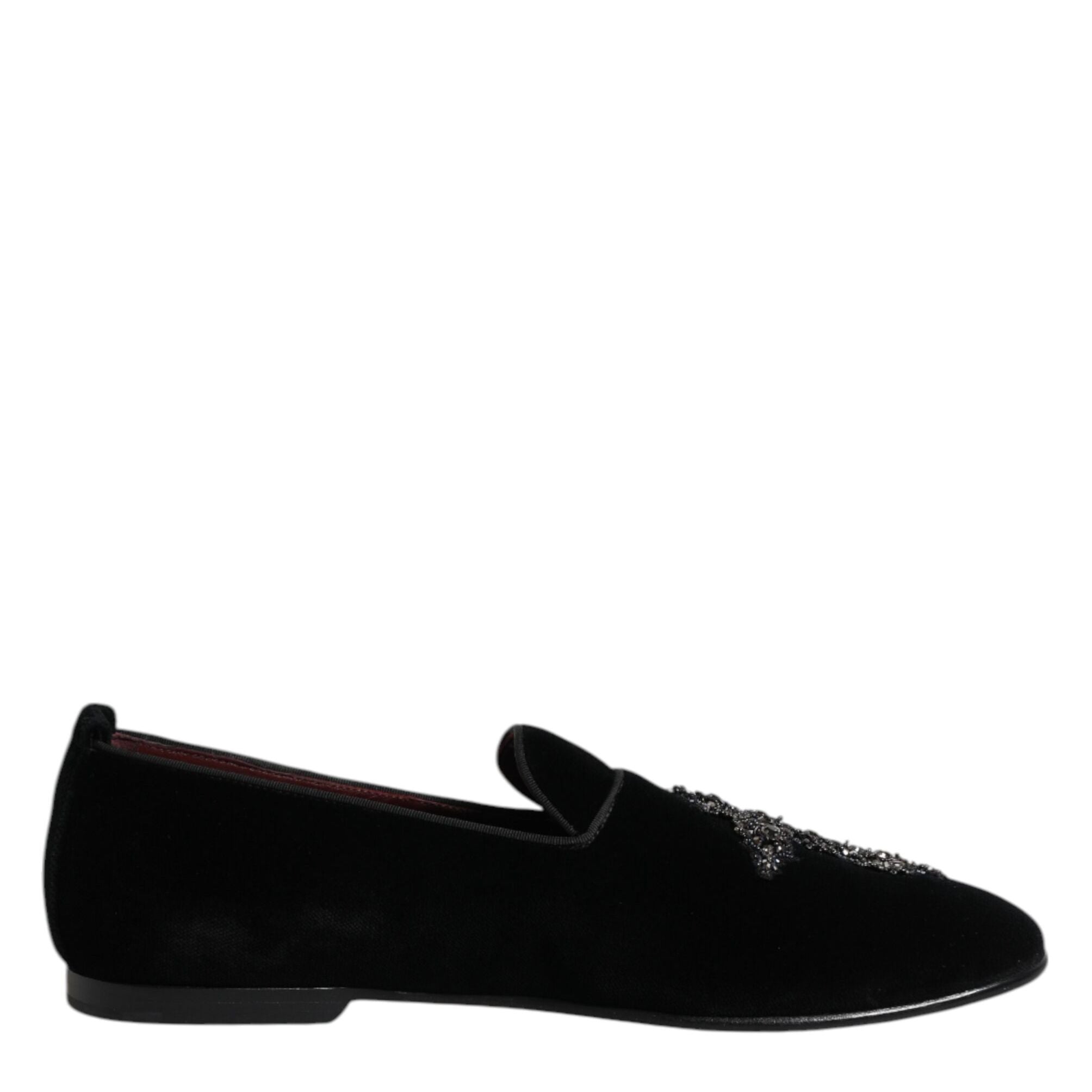 Dolce & Gabbana Black Velvet Embellished Loafer Slip On Shoes