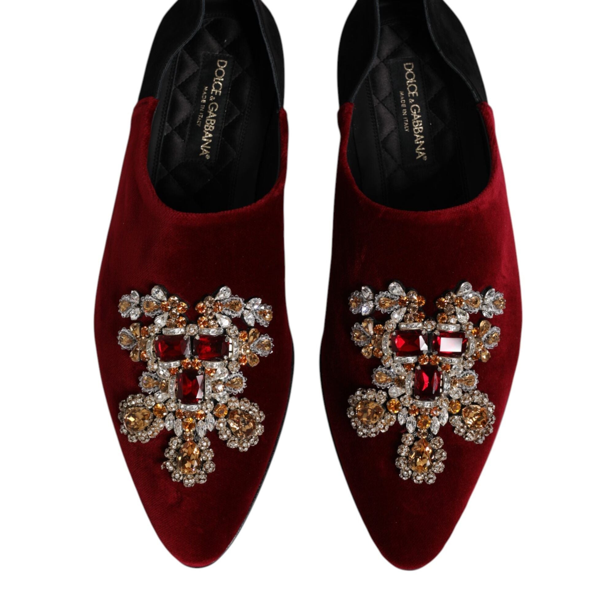 Dolce & Gabbana Black Red Velvet Embellished Slip On Shoes