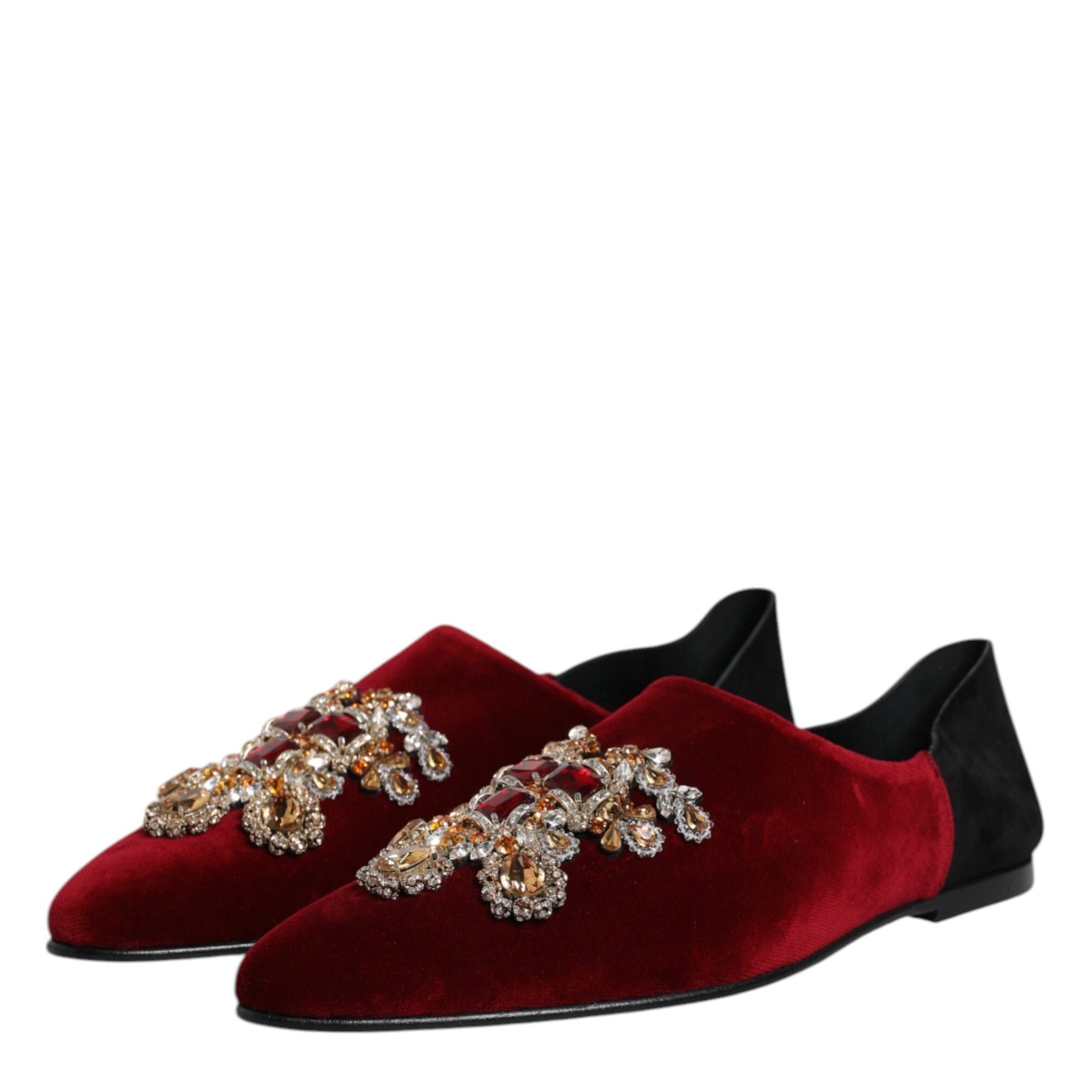 Dolce & Gabbana Black Red Velvet Embellished Slip On Shoes