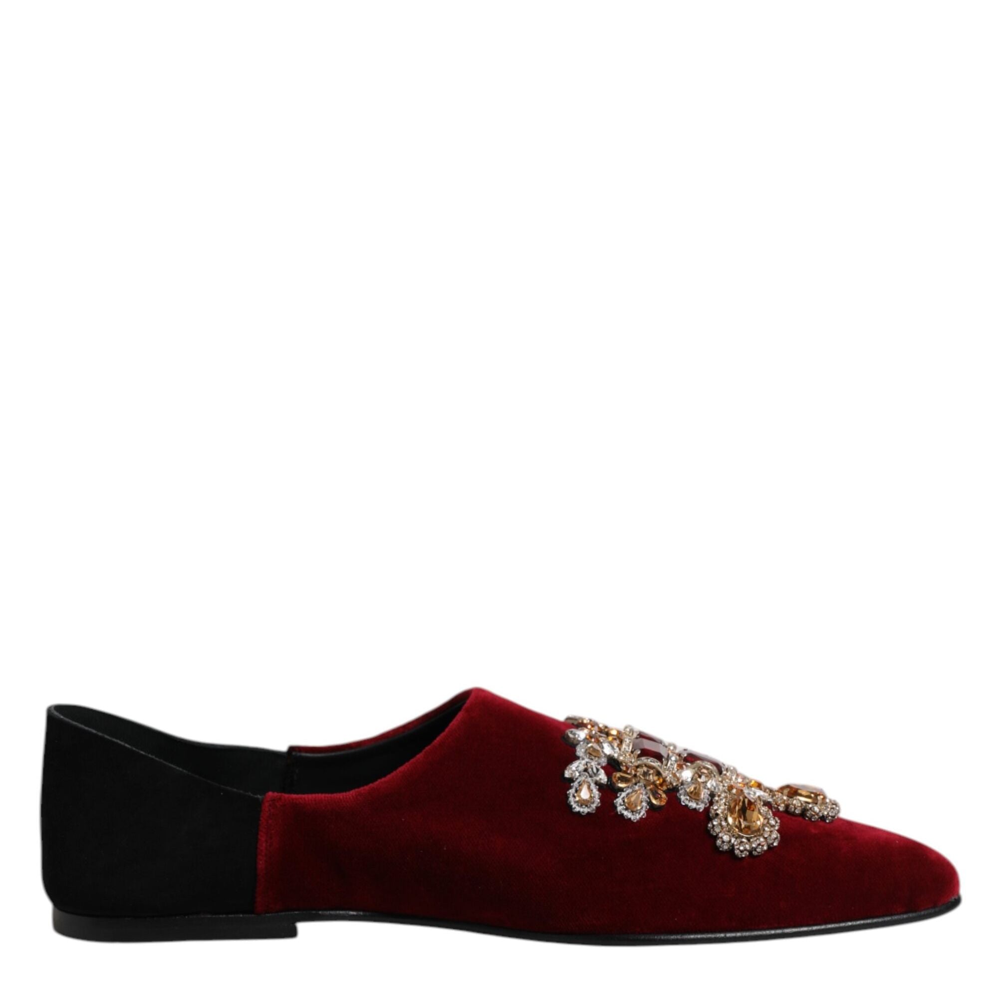 Dolce & Gabbana Black Red Velvet Embellished Slip On Shoes