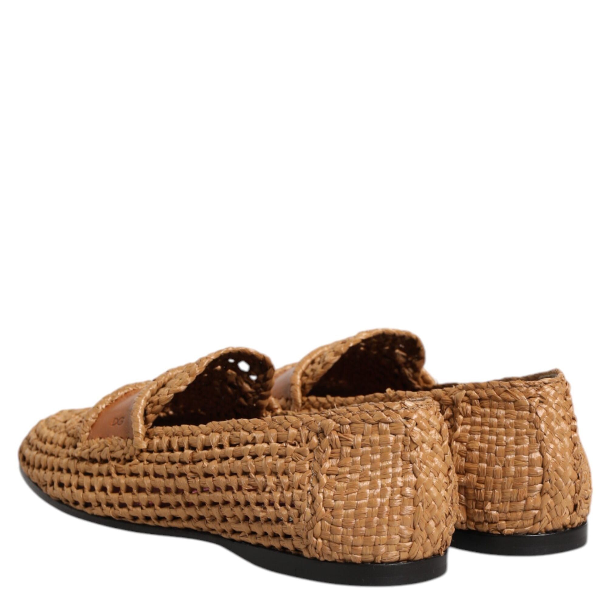 Dolce & Gabbana Brown Woven Raffia Slip On Loafers Shoes