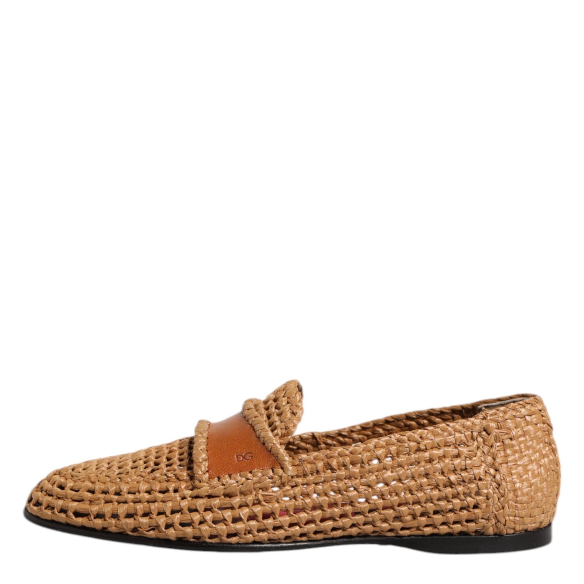 Dolce & Gabbana Brown Woven Raffia Slip On Loafers Shoes