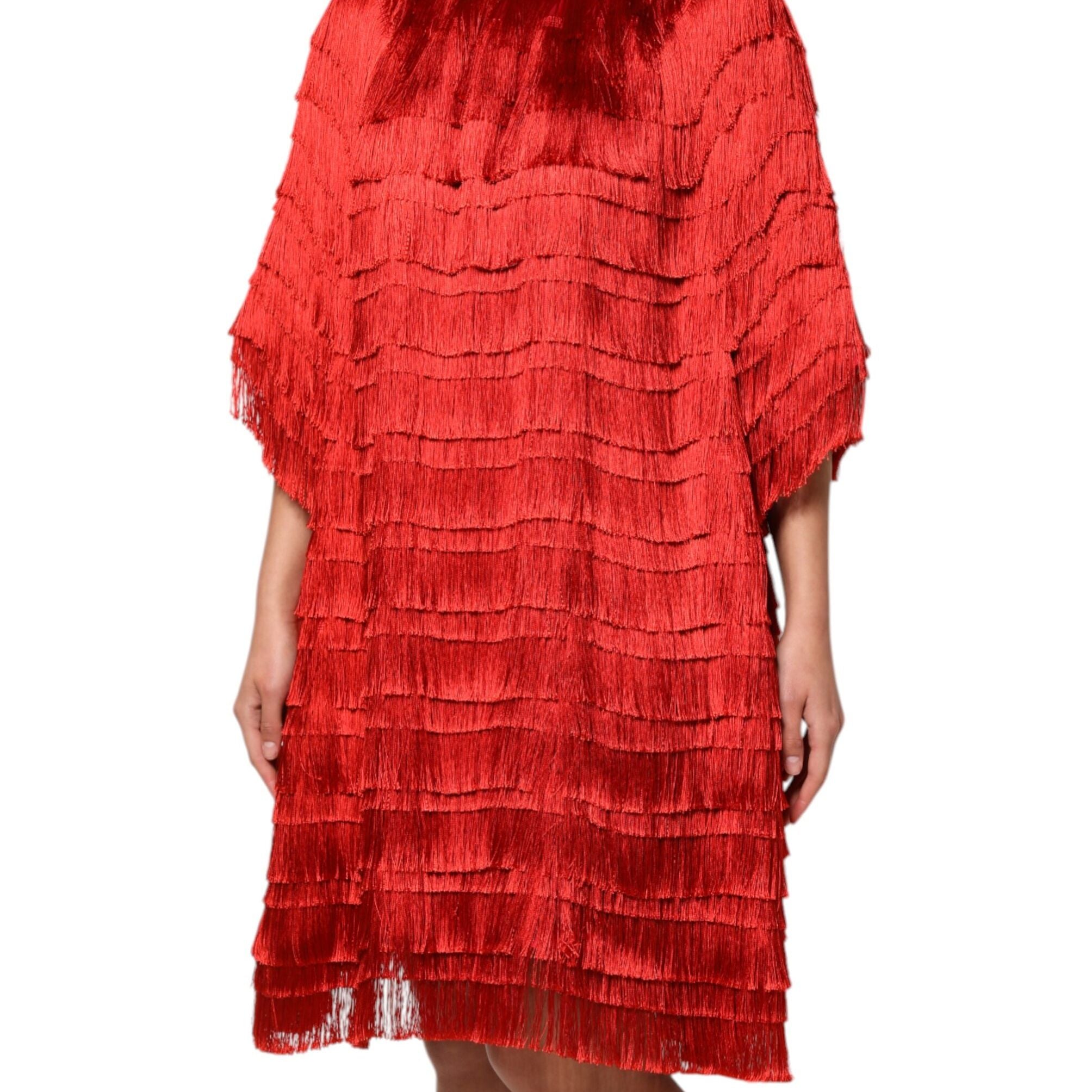 Dolce & Gabbana Red Silk Tiers Fringe Shift Knee Length Dress