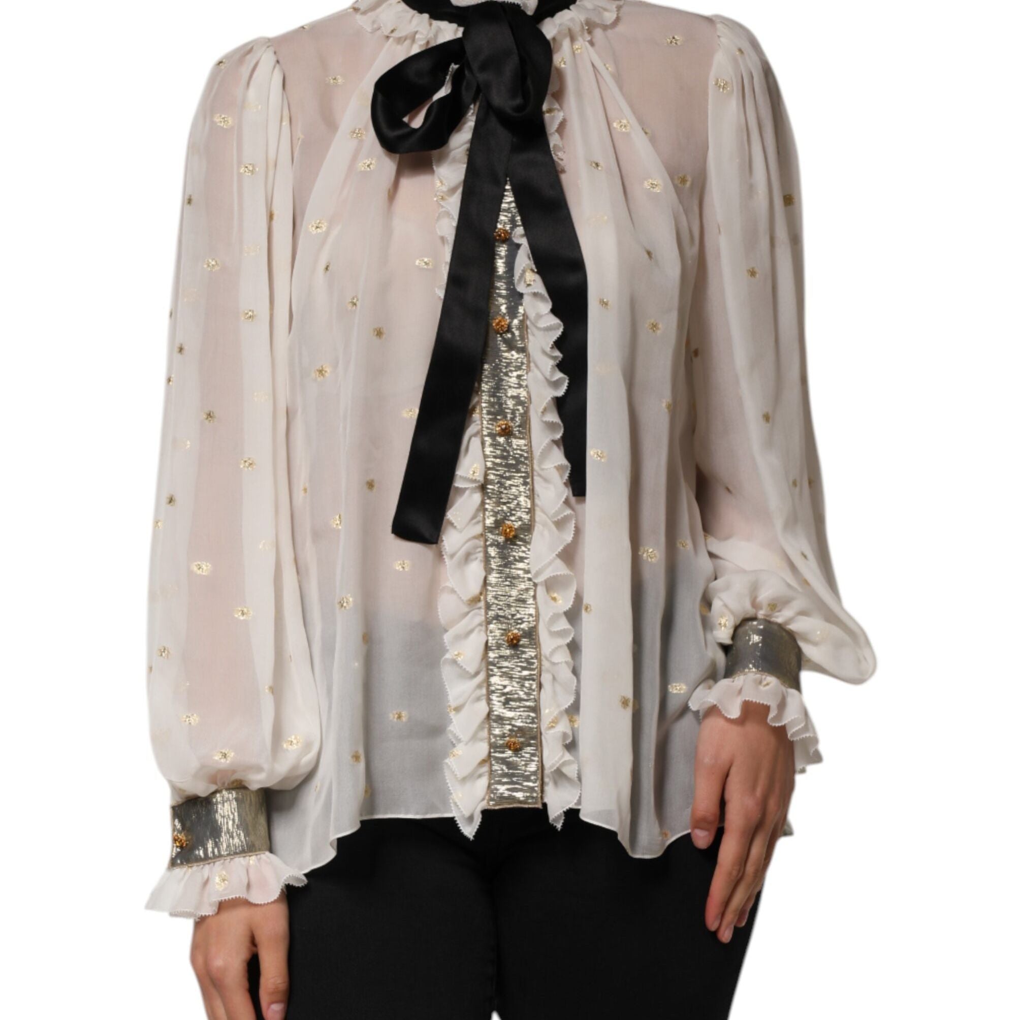 Dolce & Gabbana White Black Silk Long Sleeve Ascot Collar Top