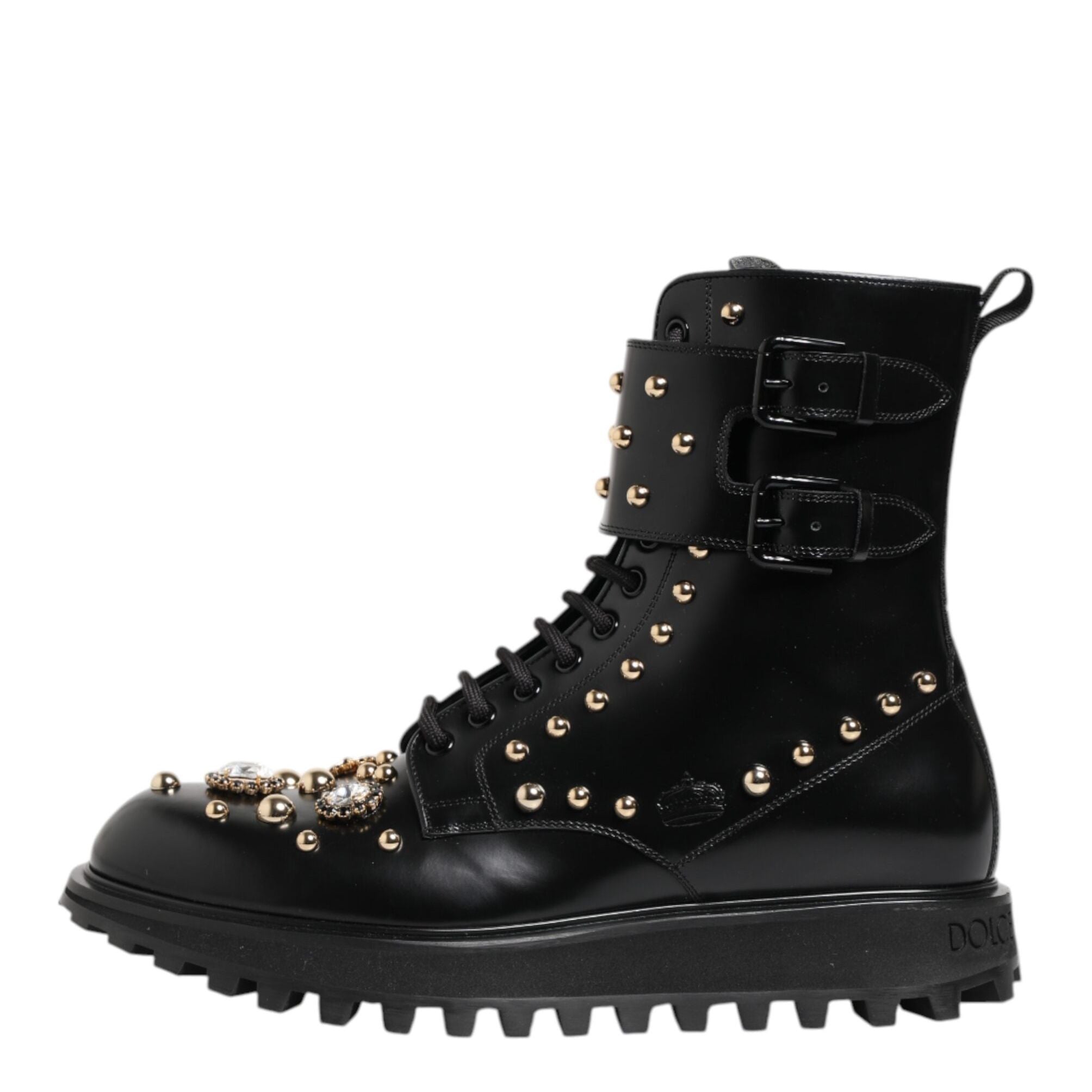 Dolce & Gabbana Black Studded Lace Up Mid Calf Boots Shoes