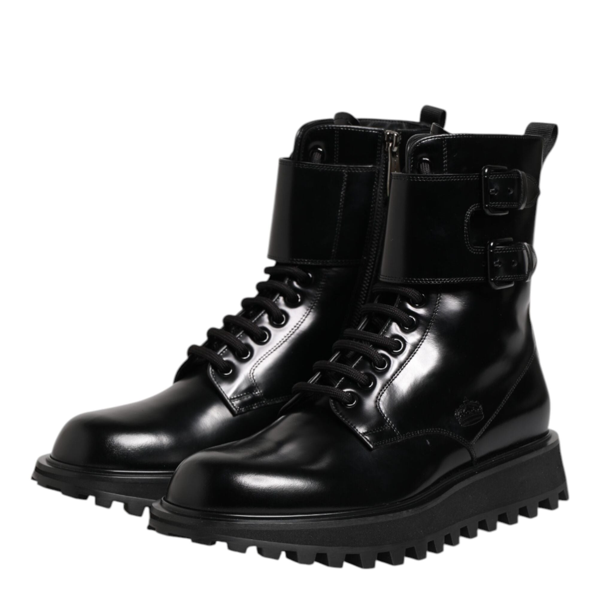 Dolce & Gabbana Black Leather Lace Up Mid Calf Boots Shoes