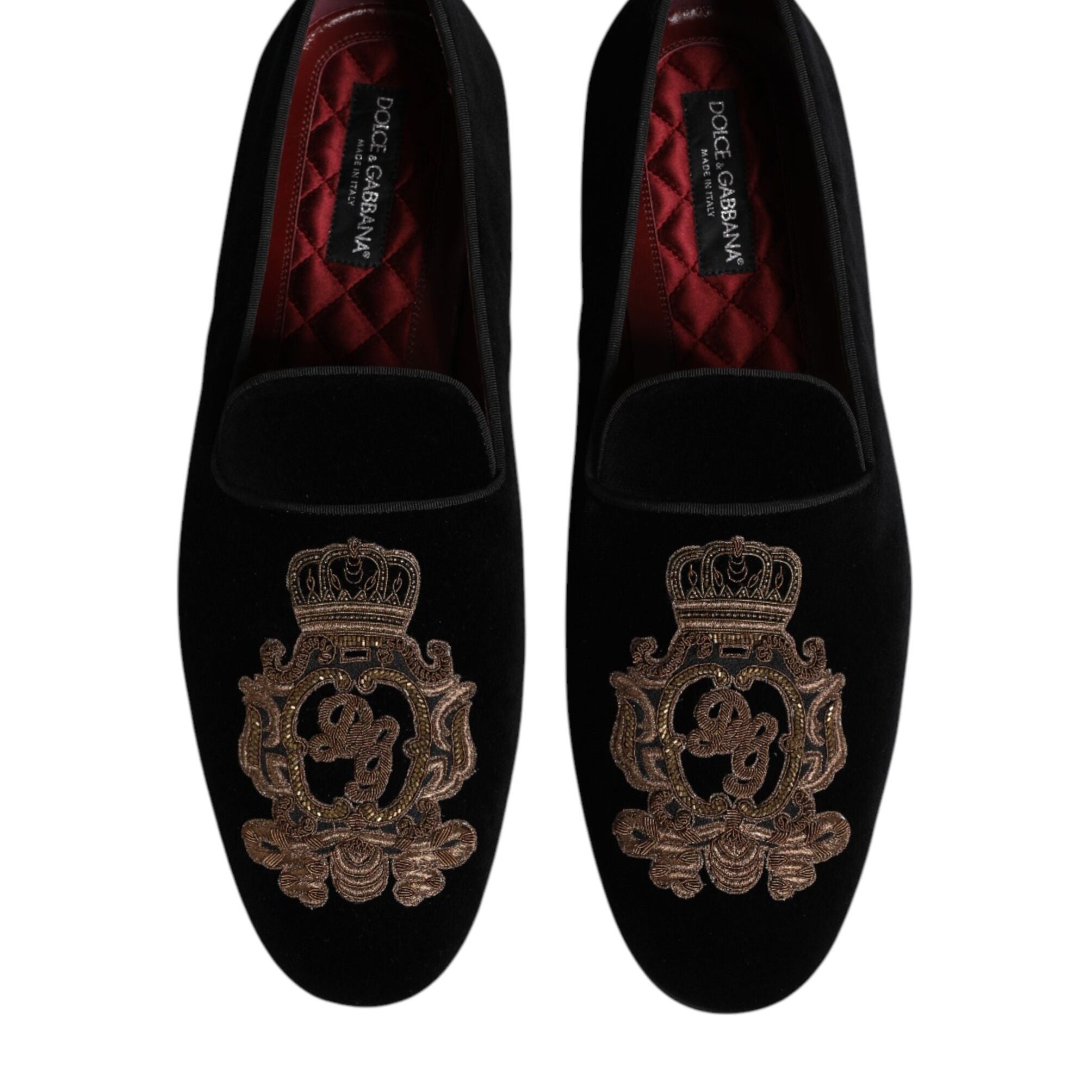 Dolce & Gabbana Black Velvet Gold Crown Mens Loafers Shoes