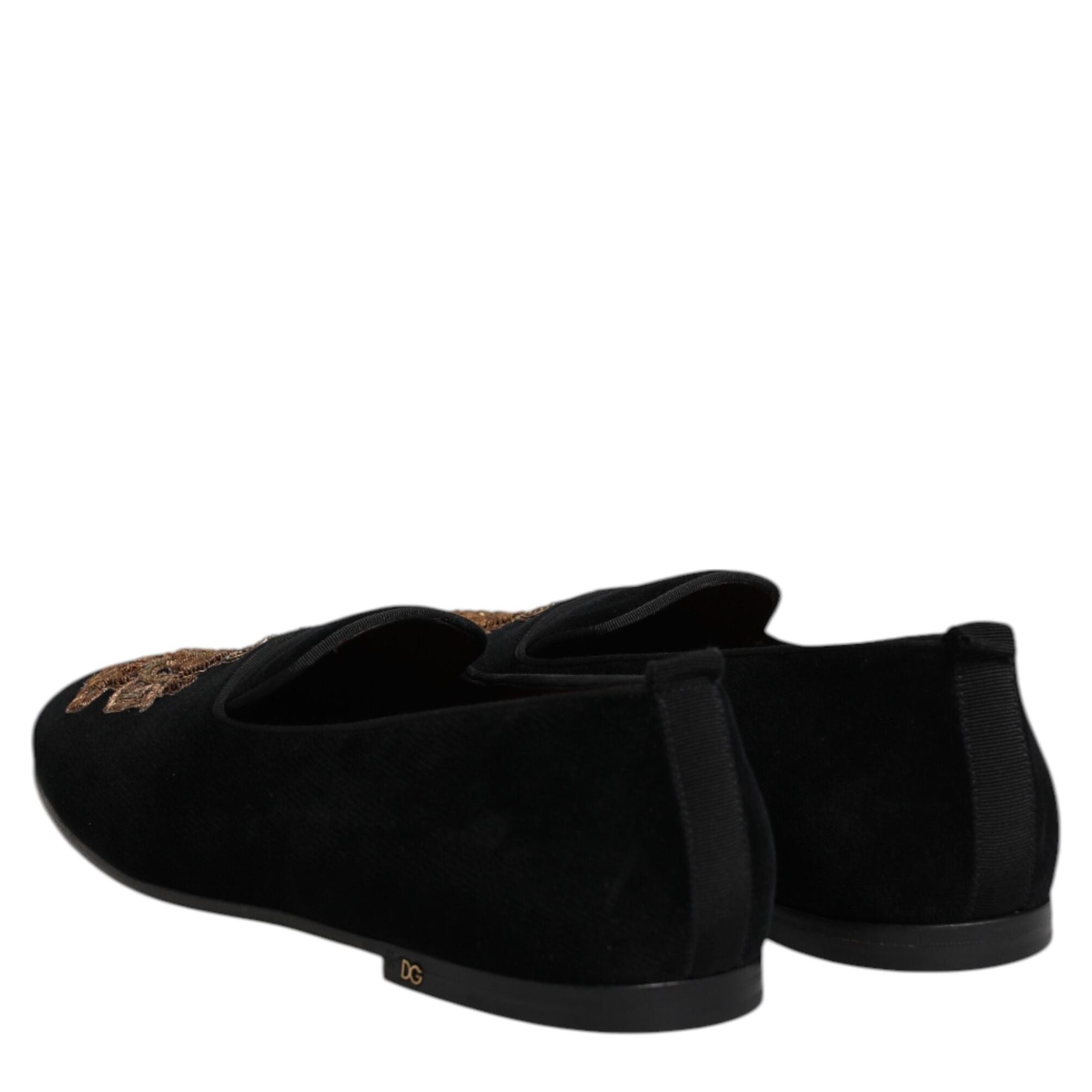 Dolce & Gabbana Black Velvet Gold Crown Mens Loafers Shoes
