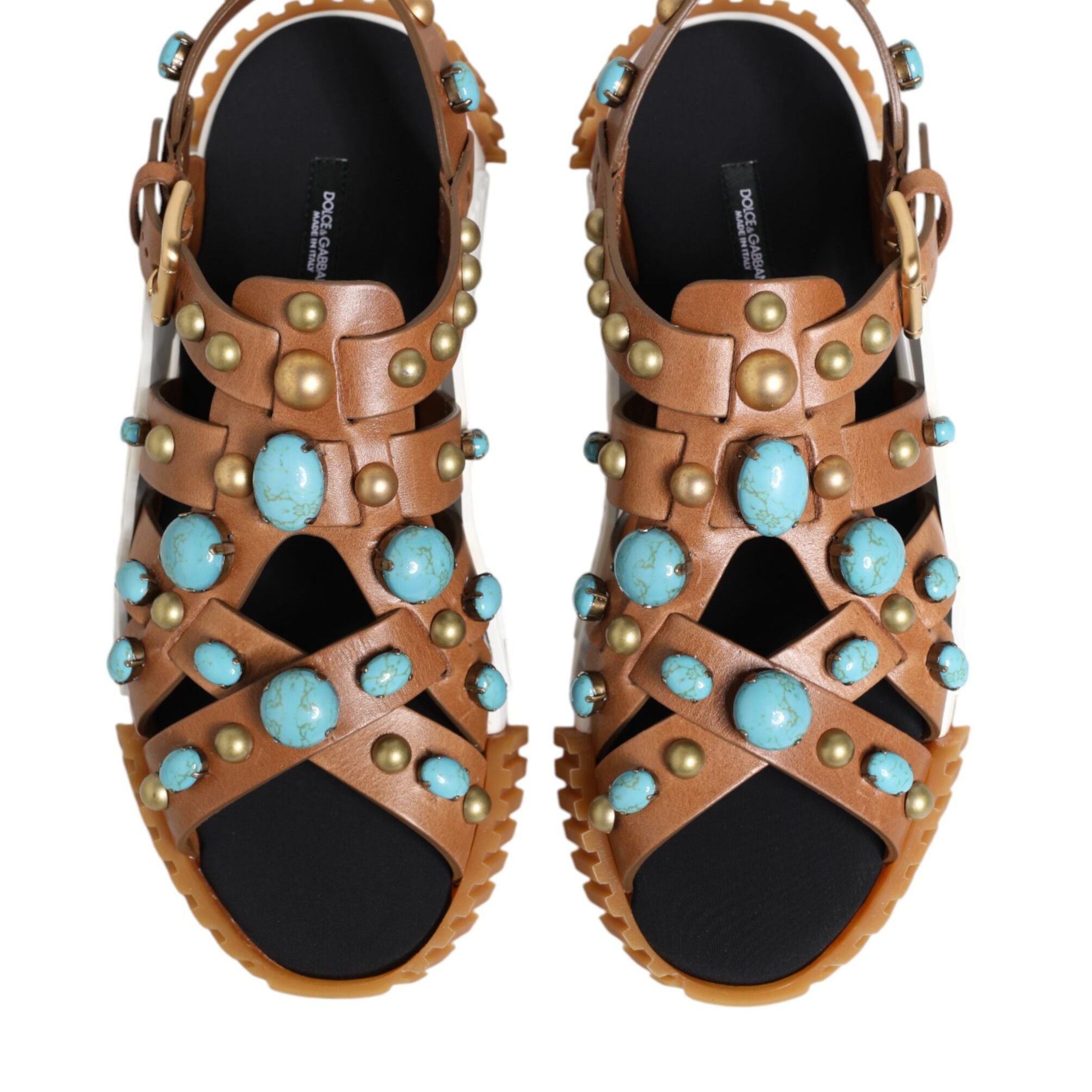 Dolce & Gabbana Brown Leather Studded Slides Sandals Shoes