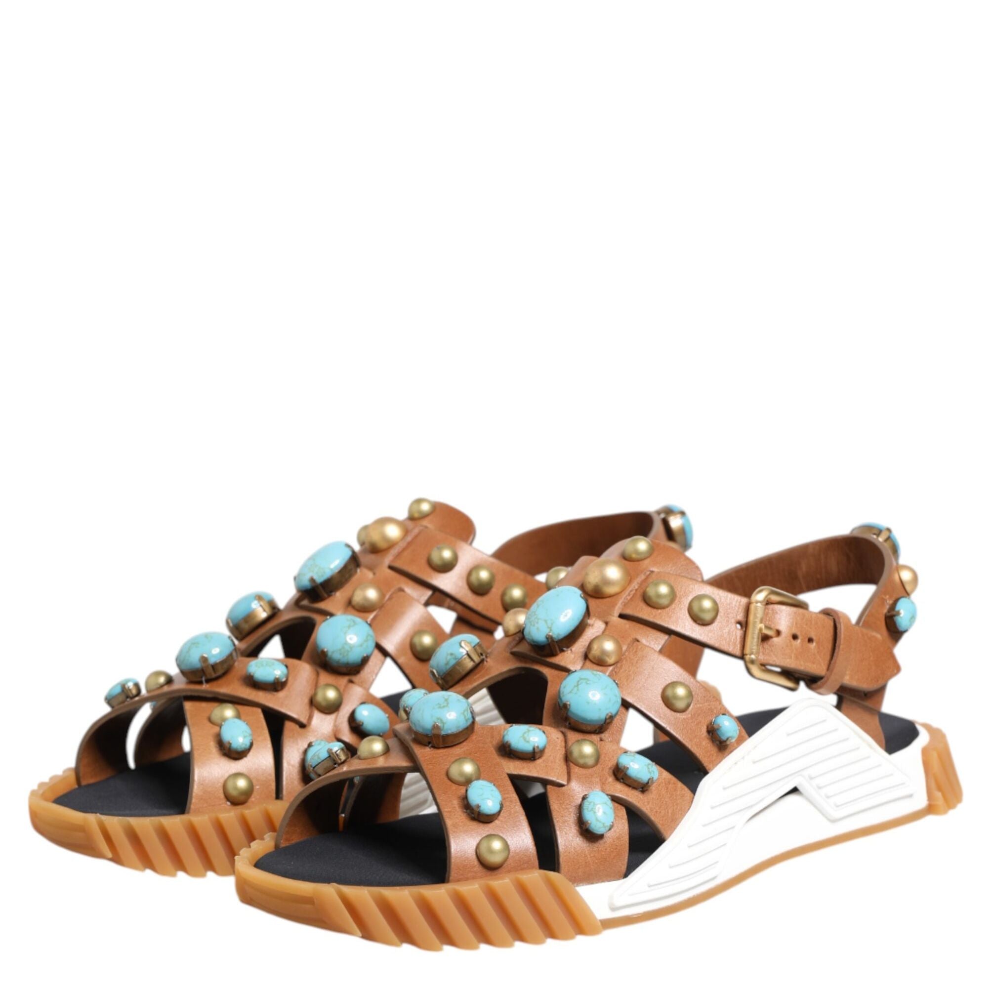 Dolce & Gabbana Brown Leather Studded Slides Sandals Shoes