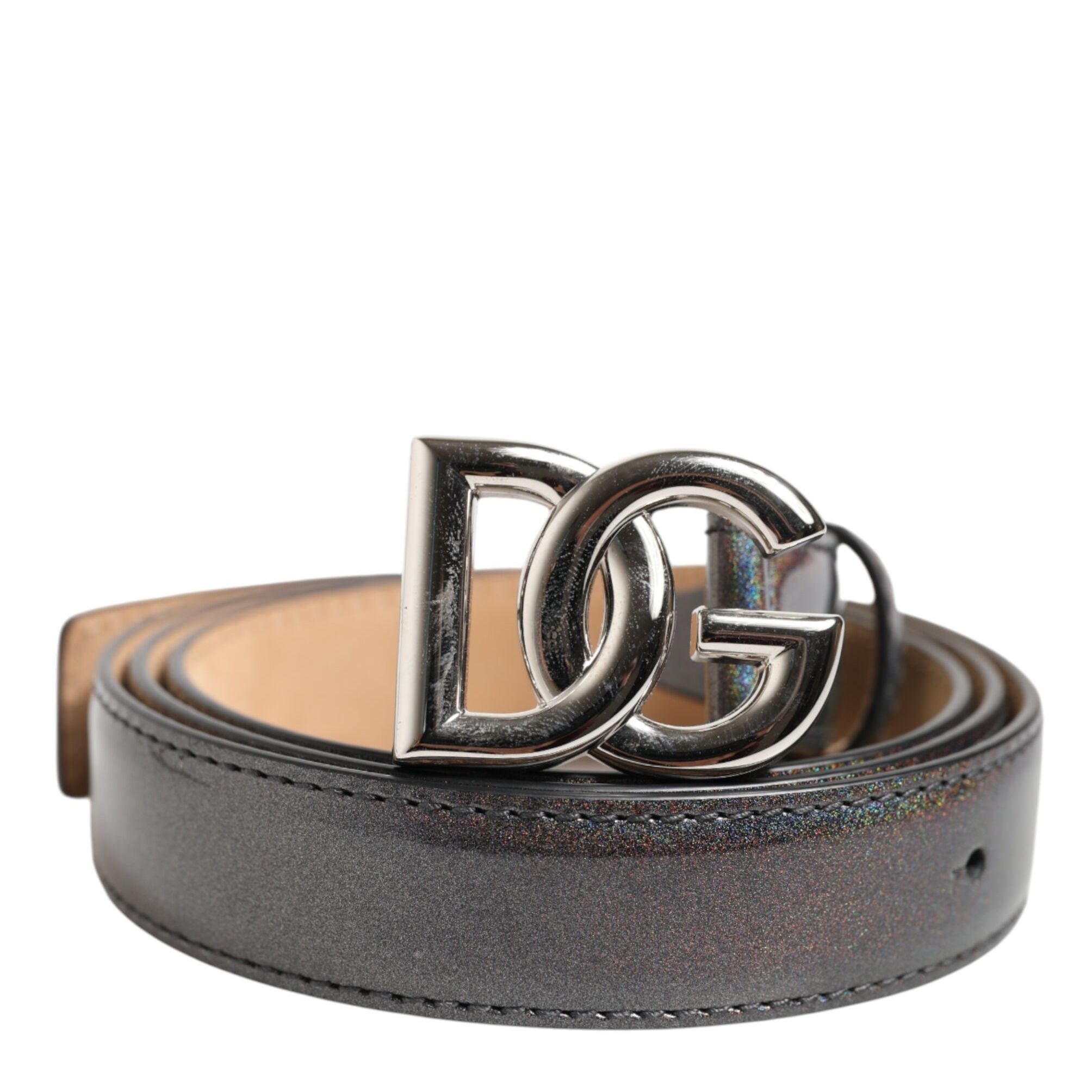 Dolce & Gabbana Metallic Leather Silver Tone Logo Buckle Belt