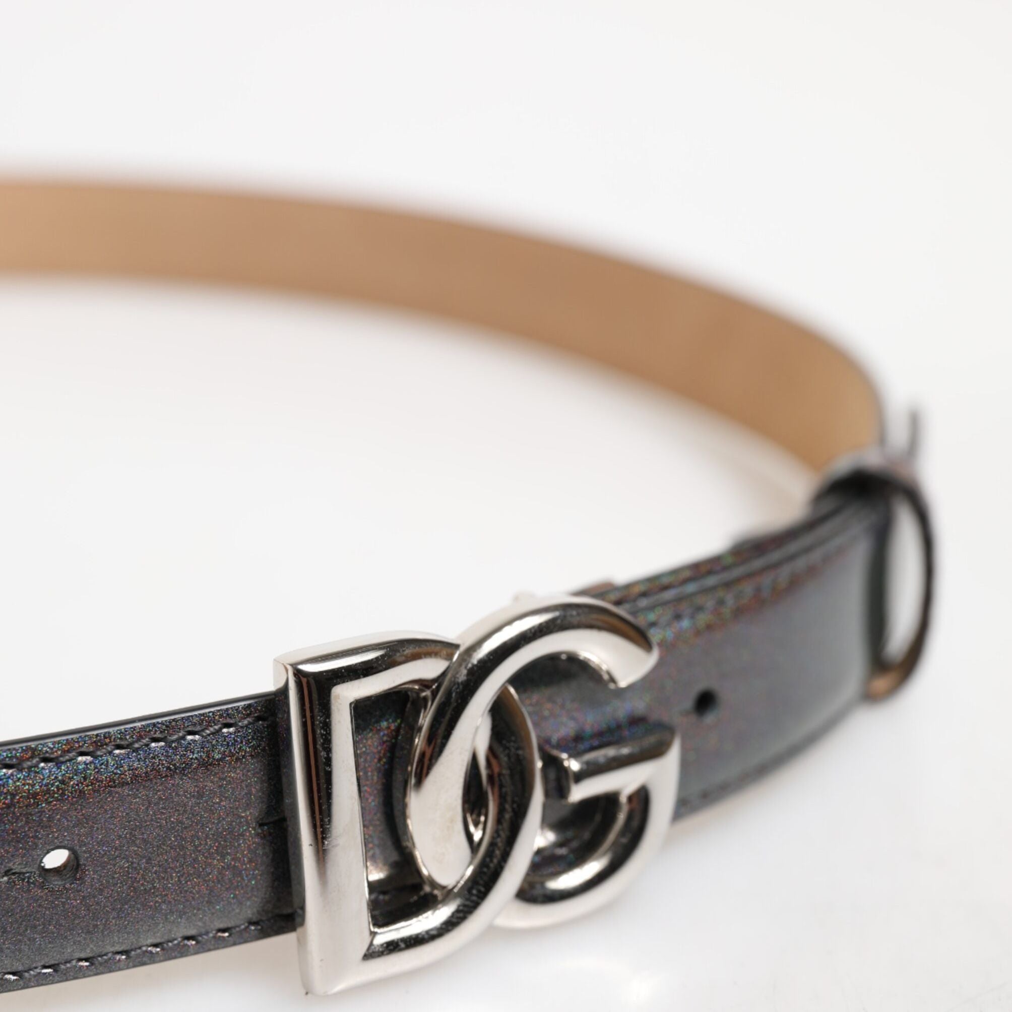 Dolce & Gabbana Metallic Leather Silver Tone Logo Buckle Belt