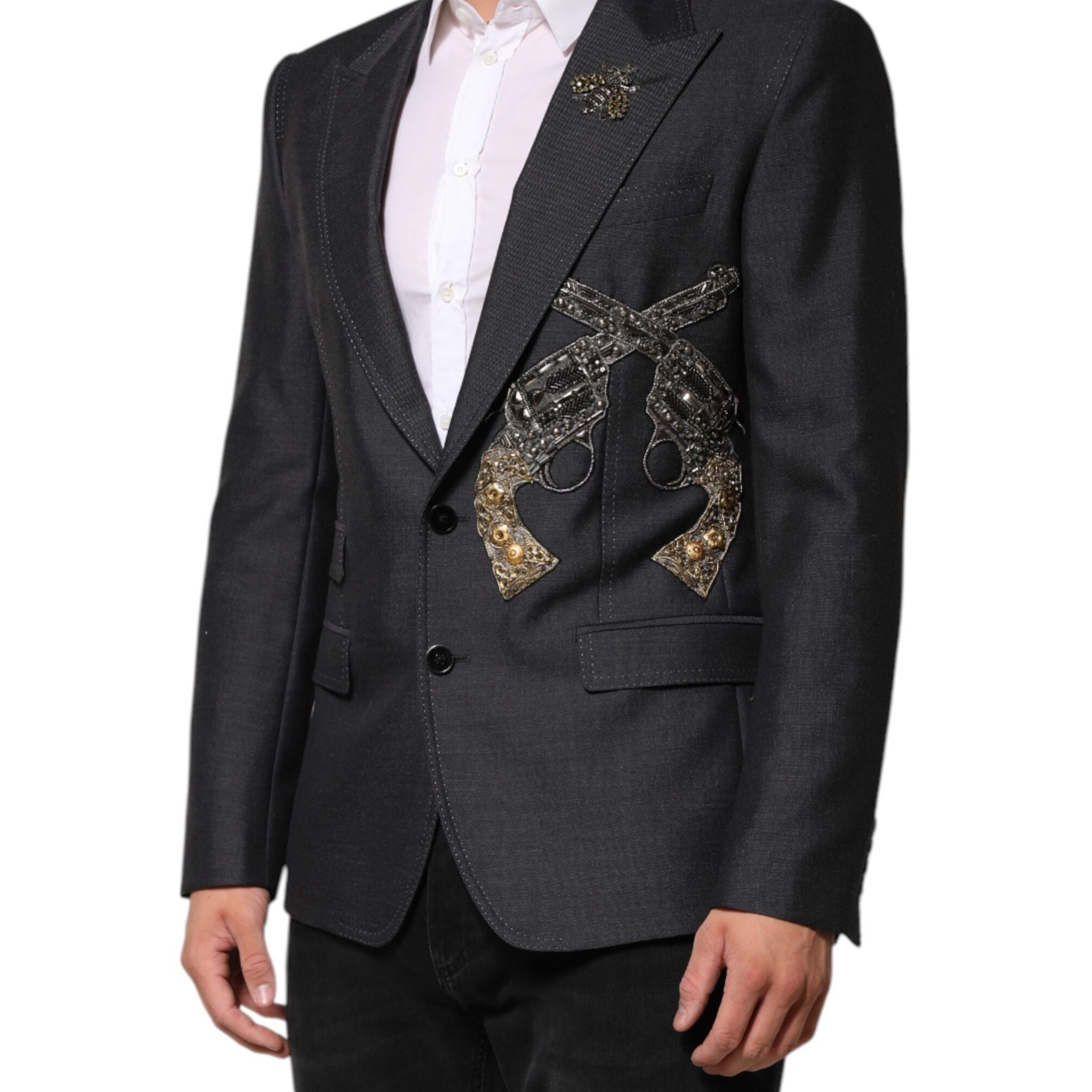 Dolce & Gabbana Dark Gray Bee Embroidery Wool Coat Blazer