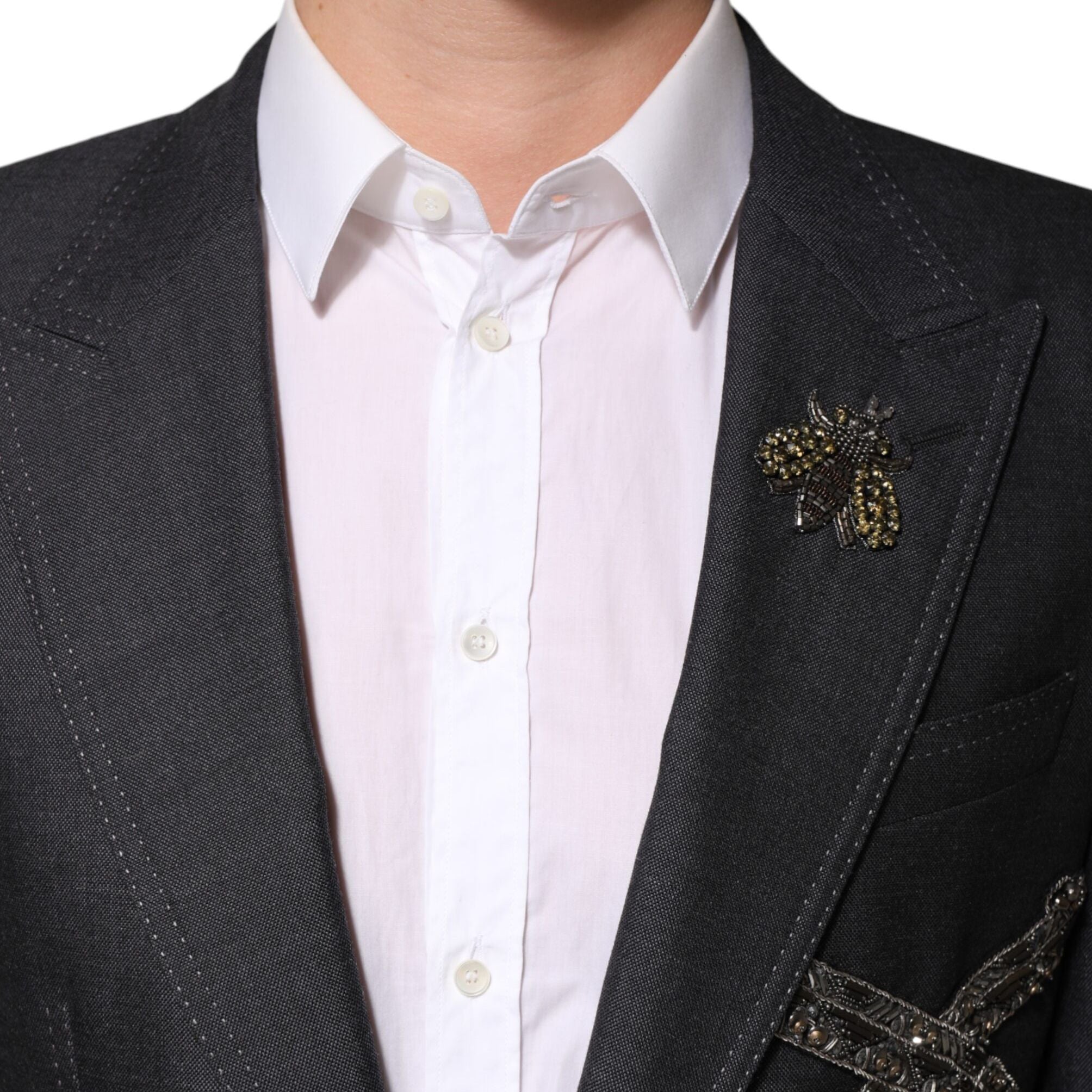 Dolce & Gabbana Dark Gray Bee Embroidery Wool Coat Blazer