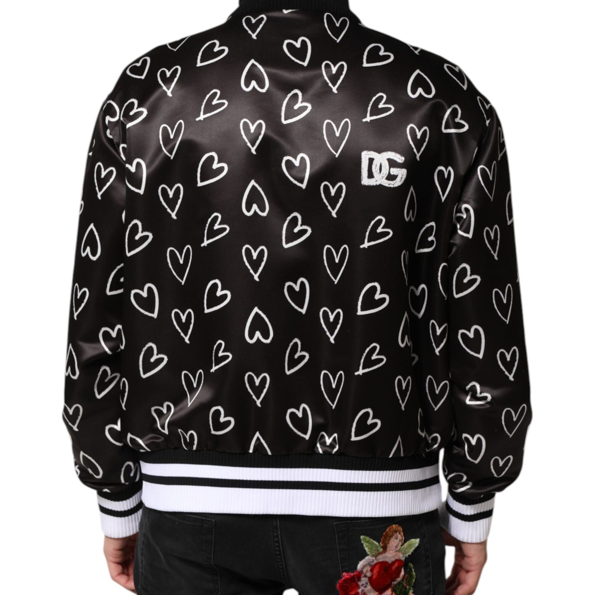 Dolce & Gabbana Black Polyester Heart Print Bomber Jacket