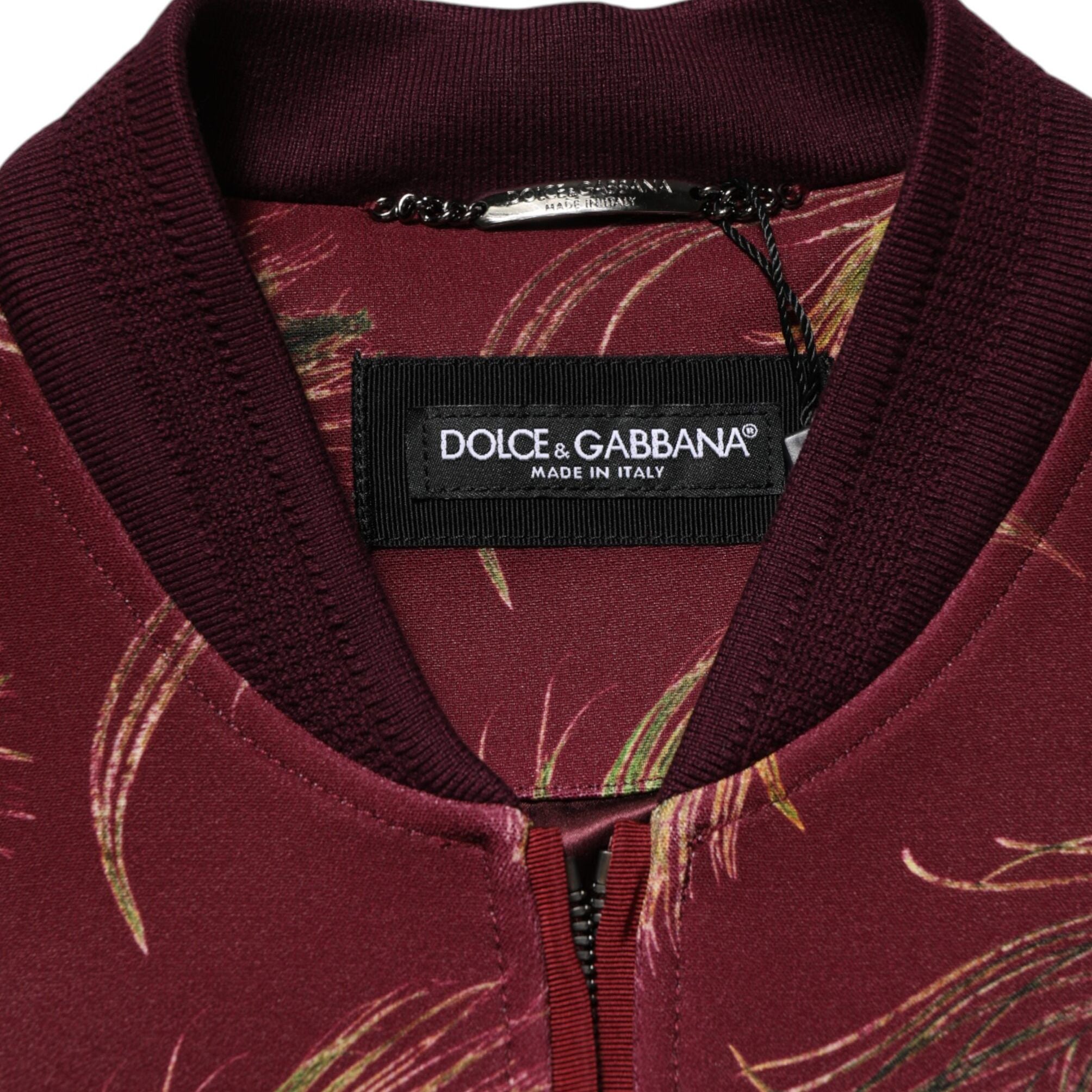 Dolce & Gabbana Maroon Peacock Feather Print Bomber Jacket