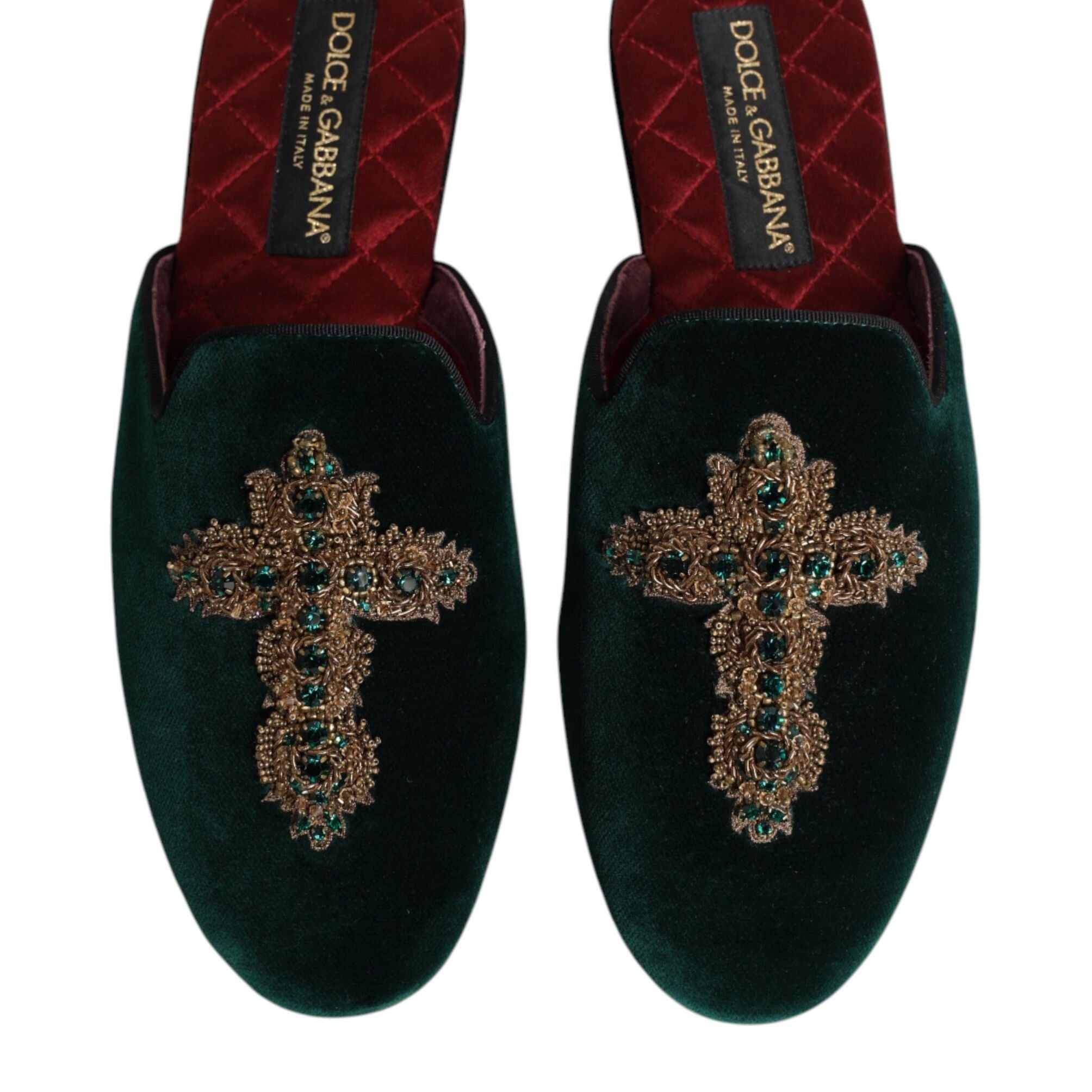 Dolce & Gabbana Green Velvet Cross Embellished Slippers Shoes