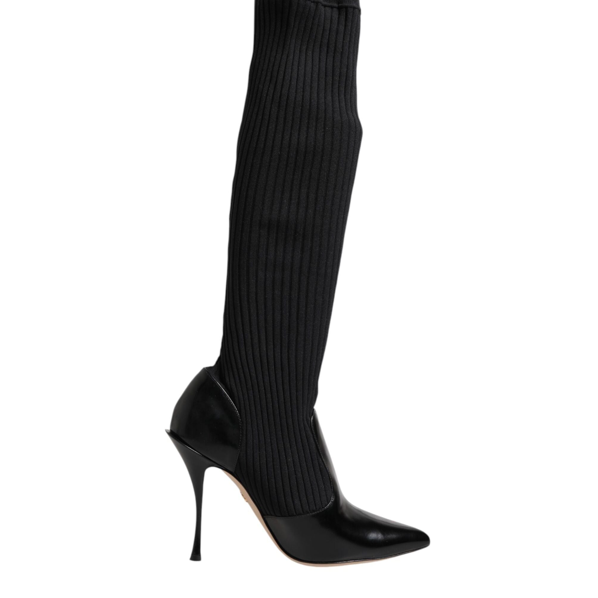 Dolce & Gabbana Black Leather Ribbed Knit Knee Boots Shoes