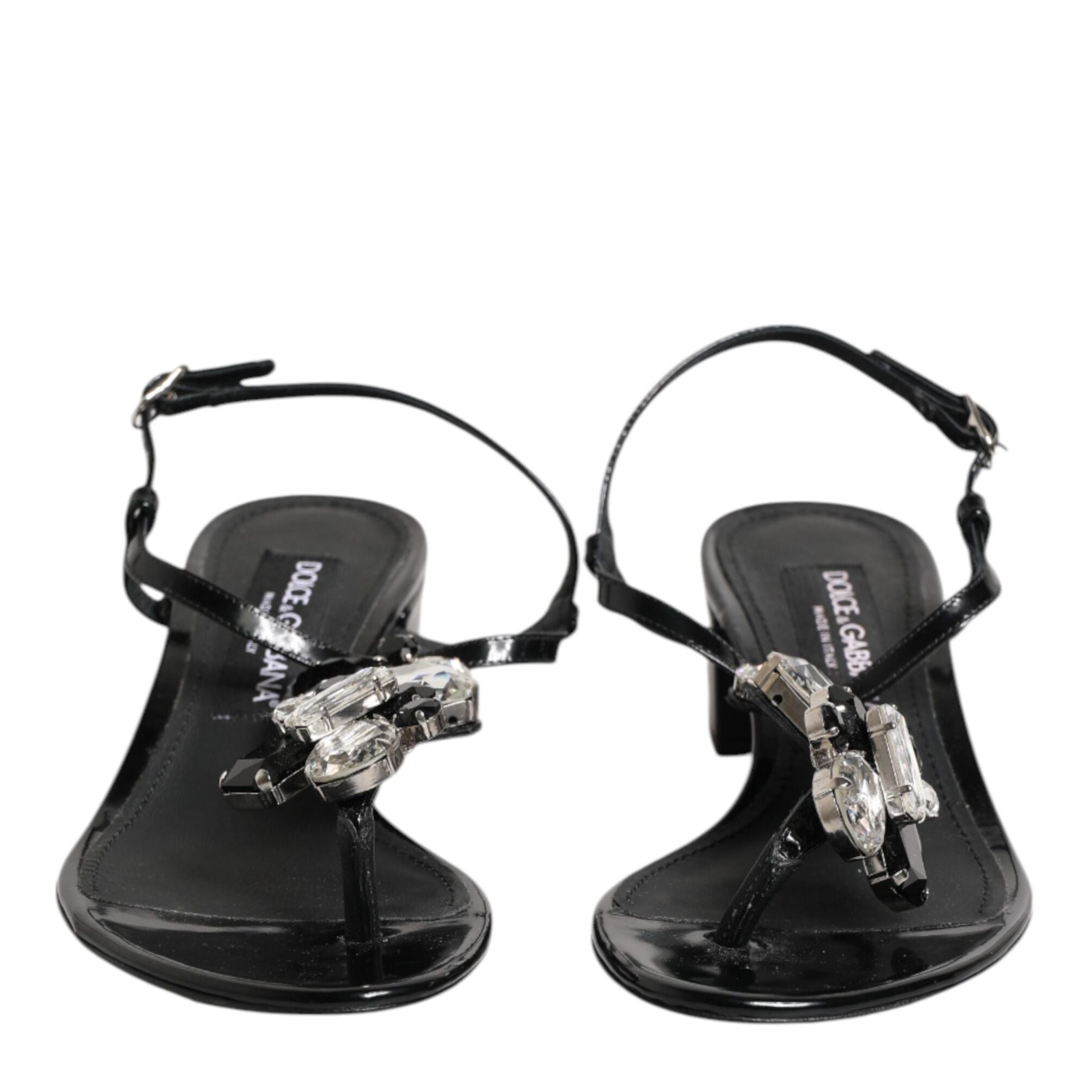 Dolce & Gabbana Black Leather Crystal Ankle Strap Sandals Shoes