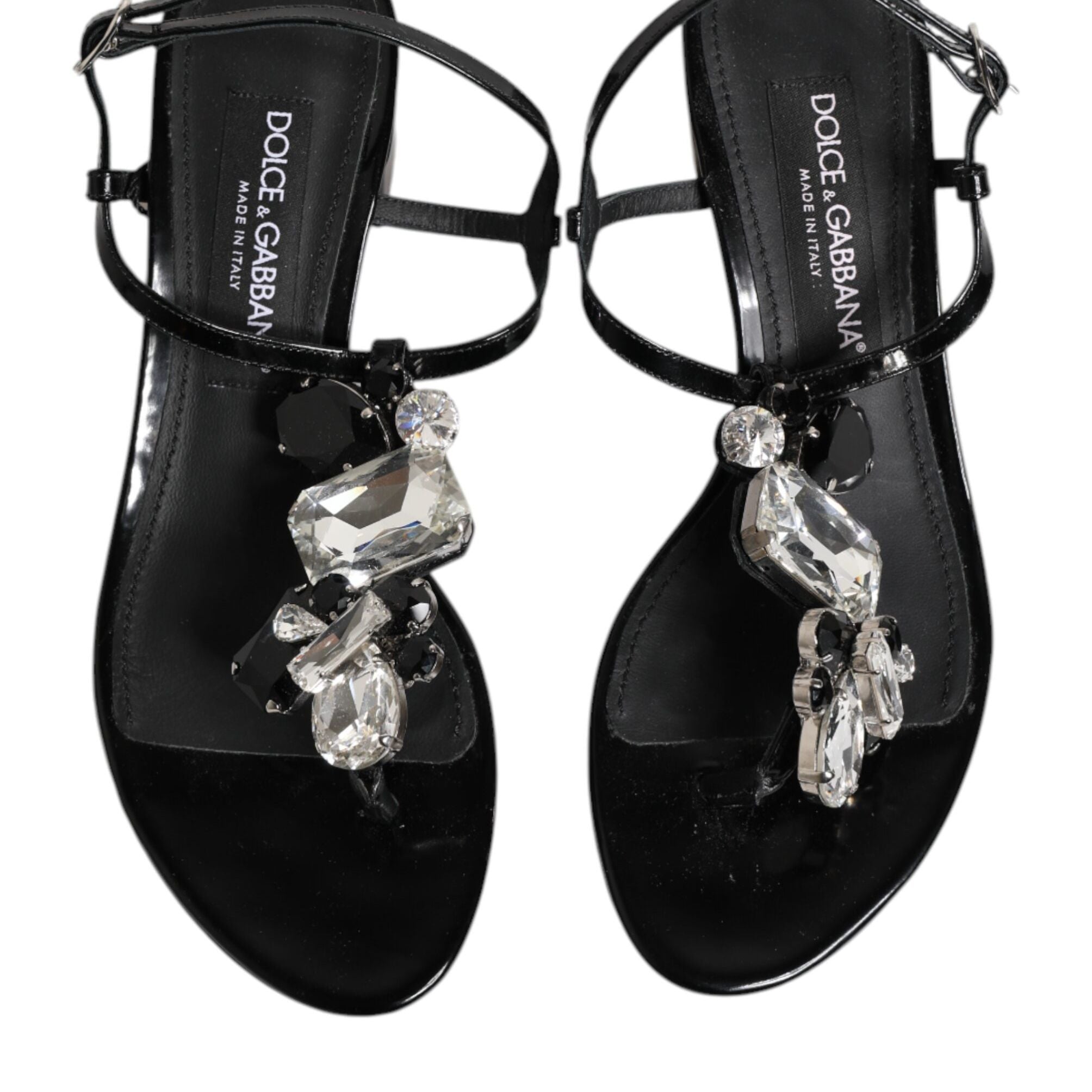 Dolce & Gabbana Black Leather Crystal Ankle Strap Sandals Shoes