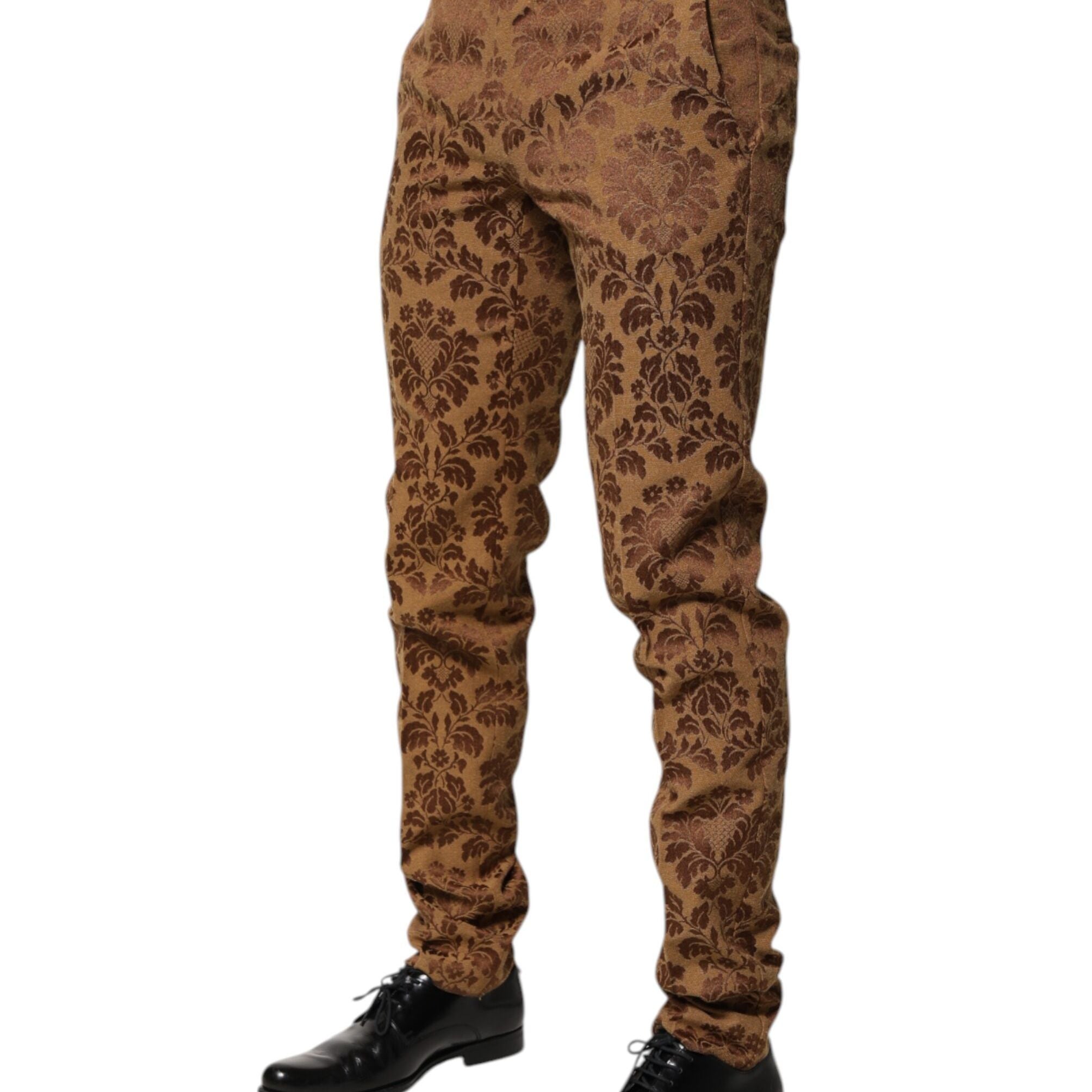 Dolce & Gabbana Brown Floral Jacquard Men Skinny Trouser Pants
