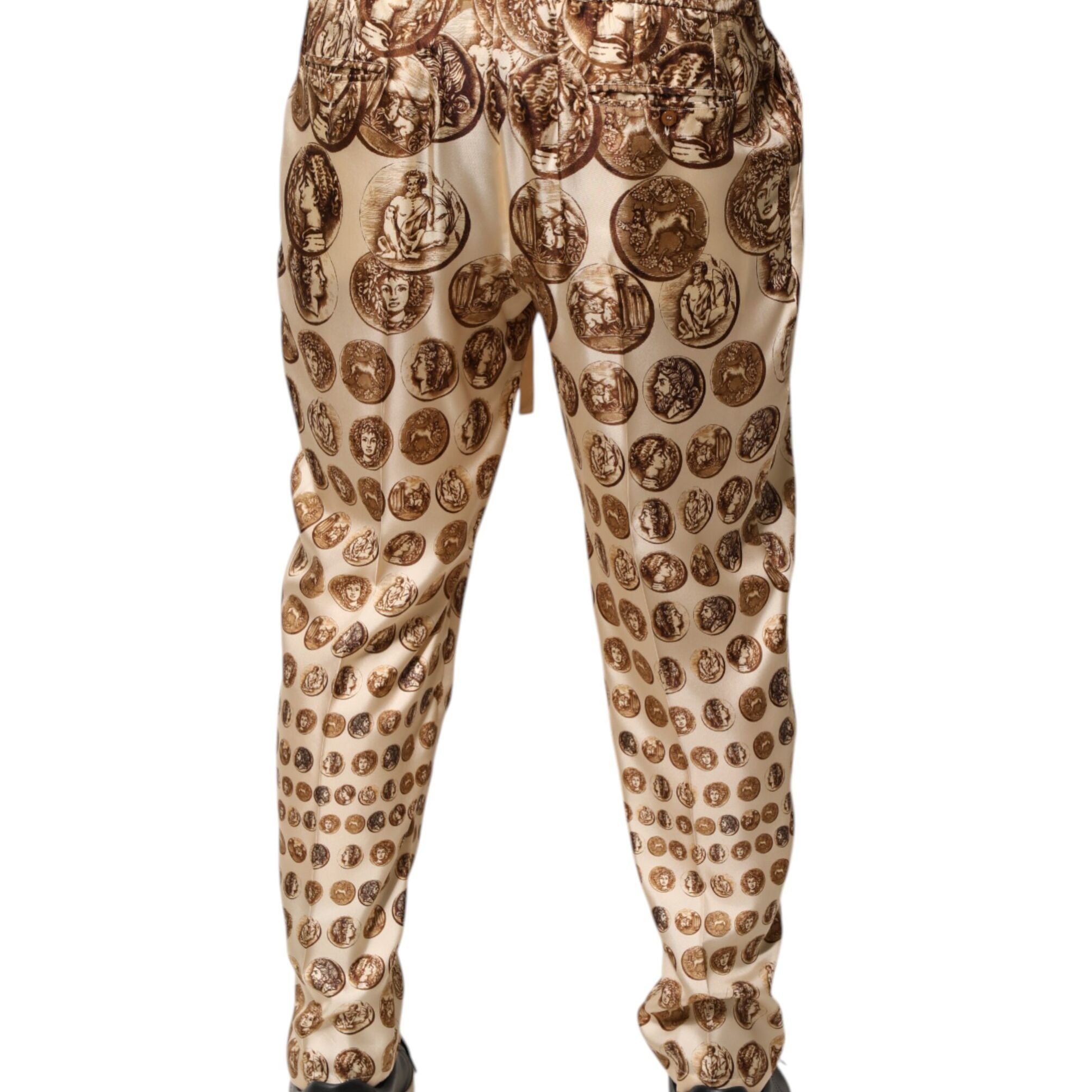 Dolce & Gabbana Beige Coin Print Silk Twill Men Jogger Pants