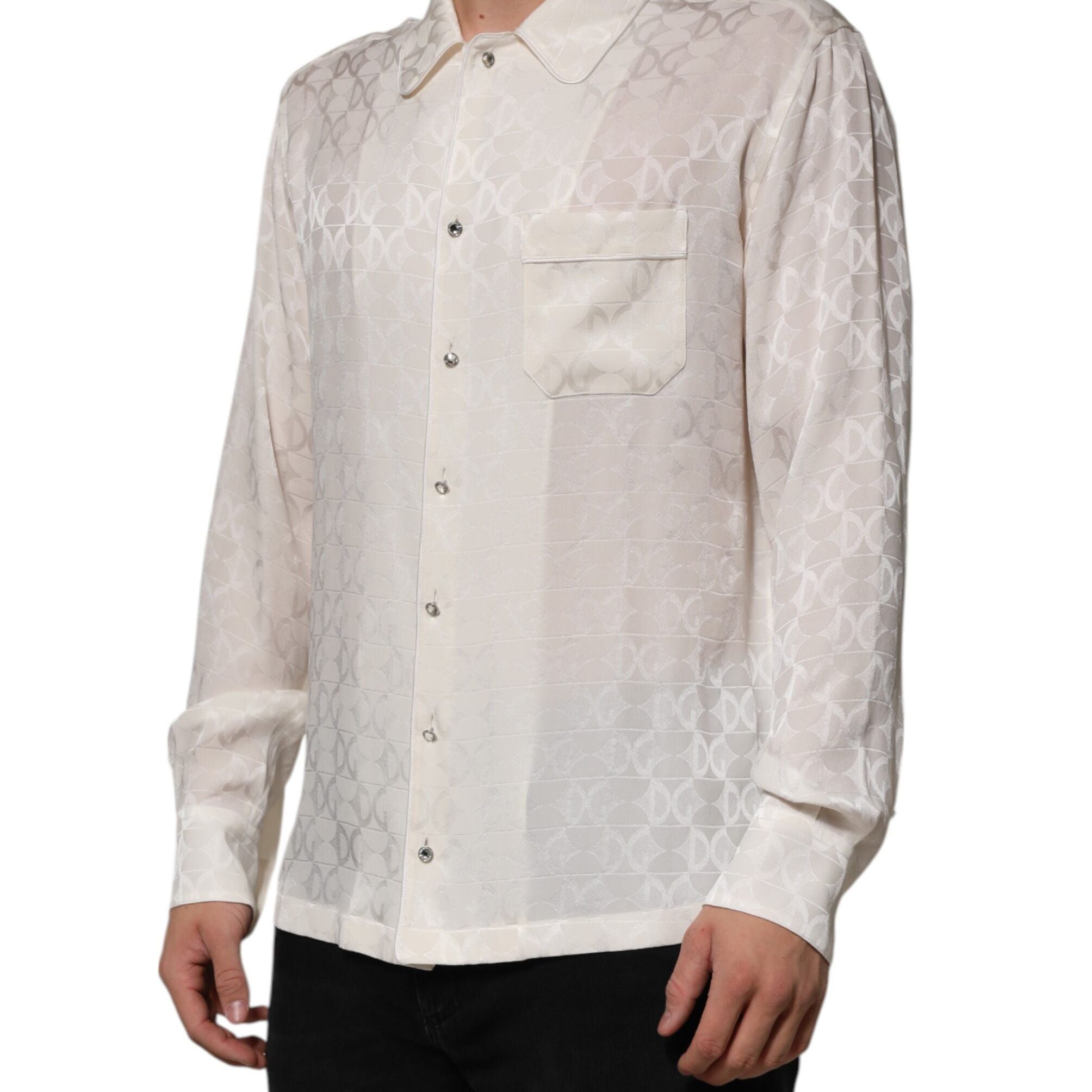 Dolce & Gabbana White Silk DG Logo Print Long Sleeves Shirt
