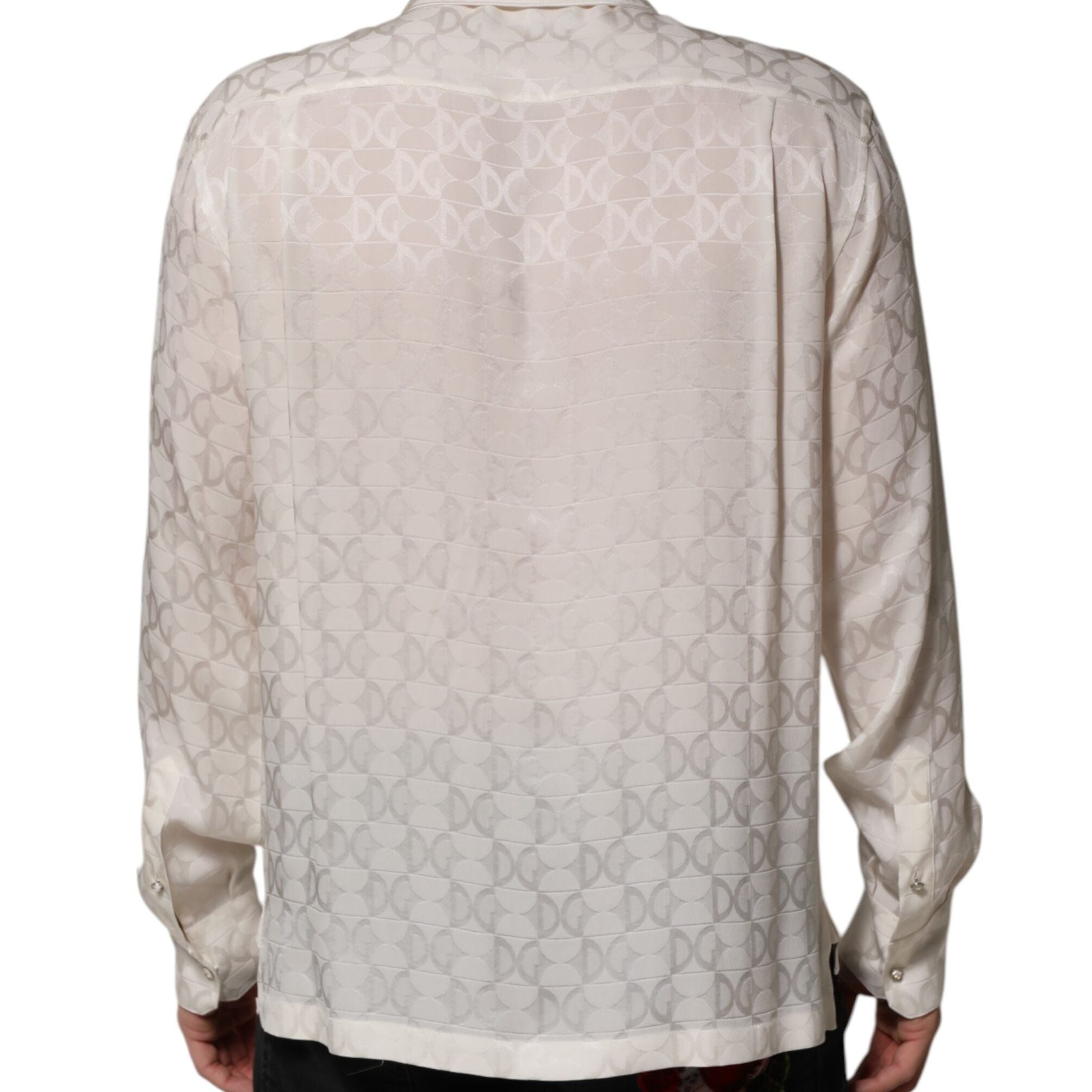 Dolce & Gabbana White Silk DG Logo Print Long Sleeves Shirt