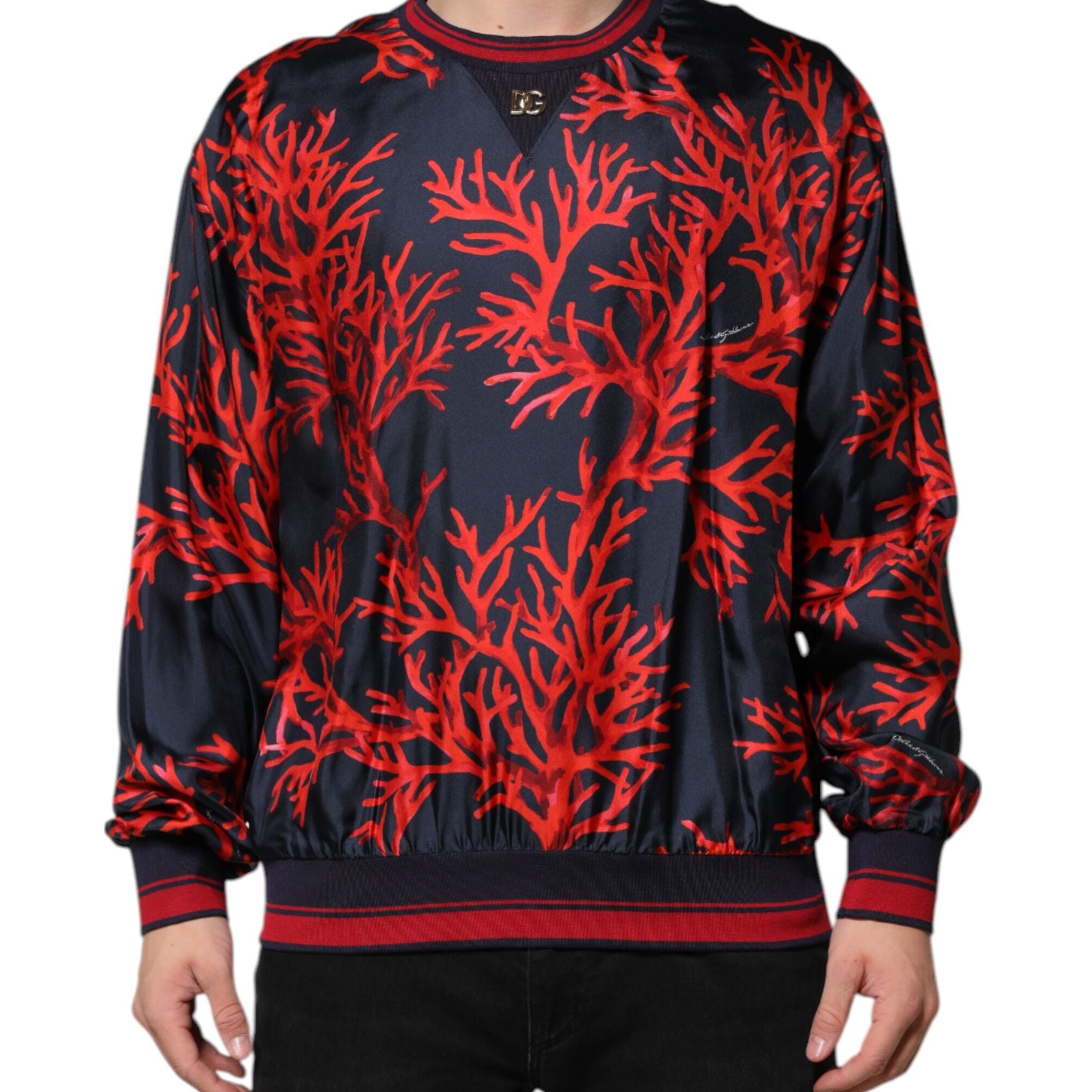 Dolce & Gabbana Navy Red Silk Coral Print Pullover Sweater