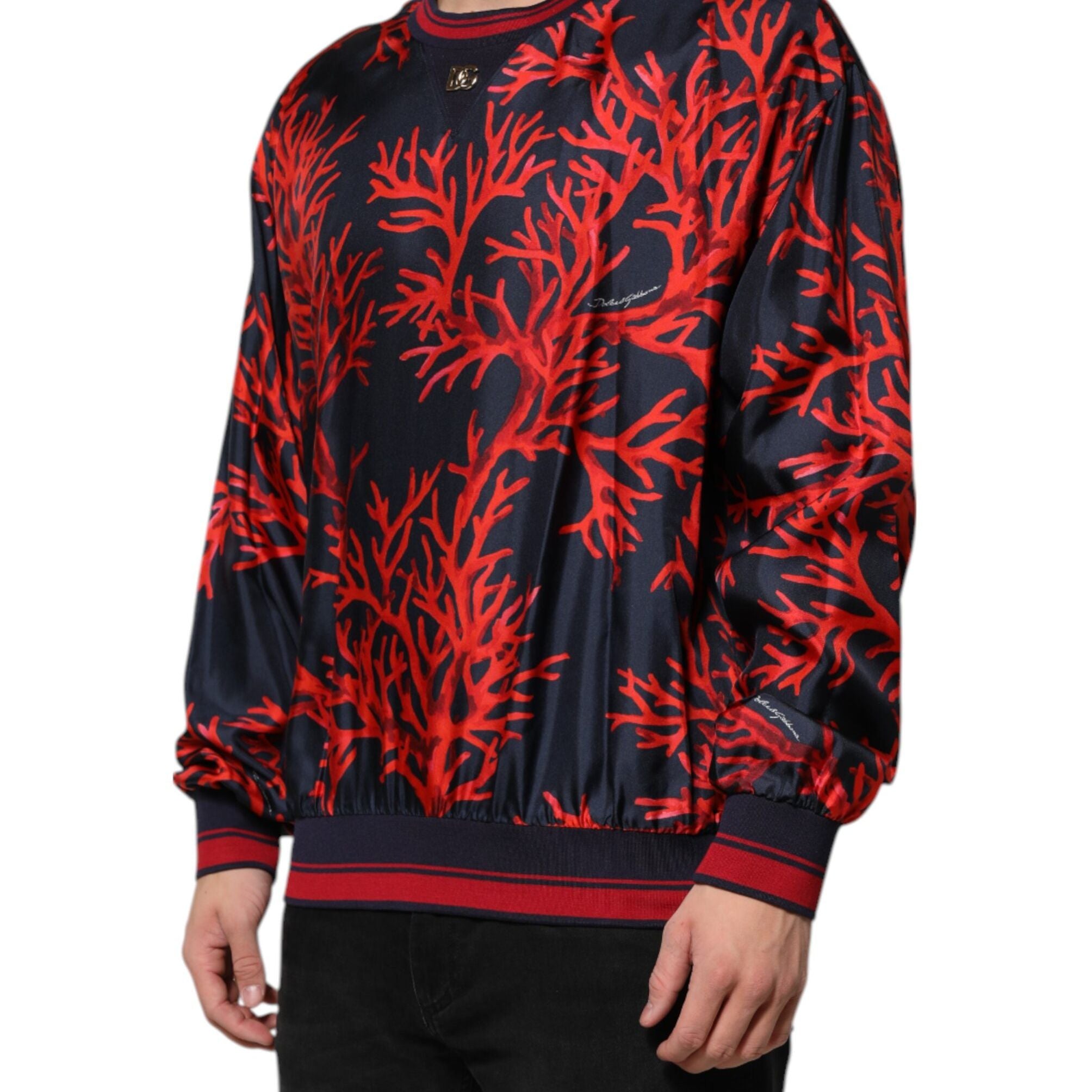 Dolce & Gabbana Navy Red Silk Coral Print Pullover Sweater