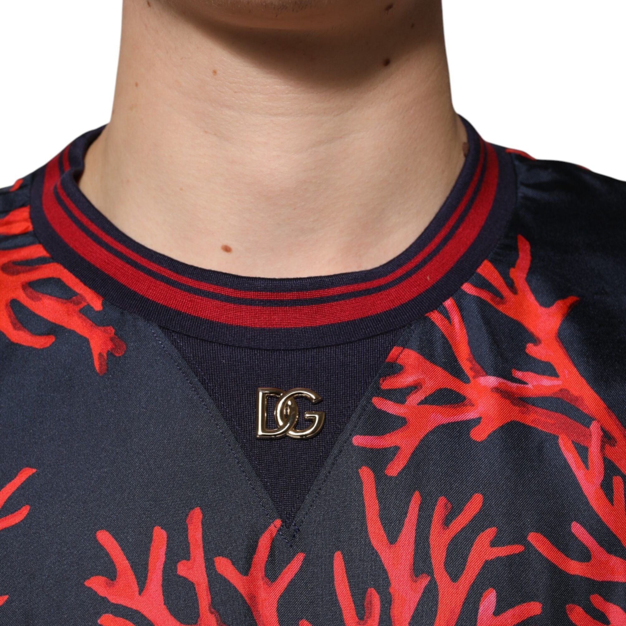 Dolce & Gabbana Navy Red Silk Coral Print Pullover Sweater