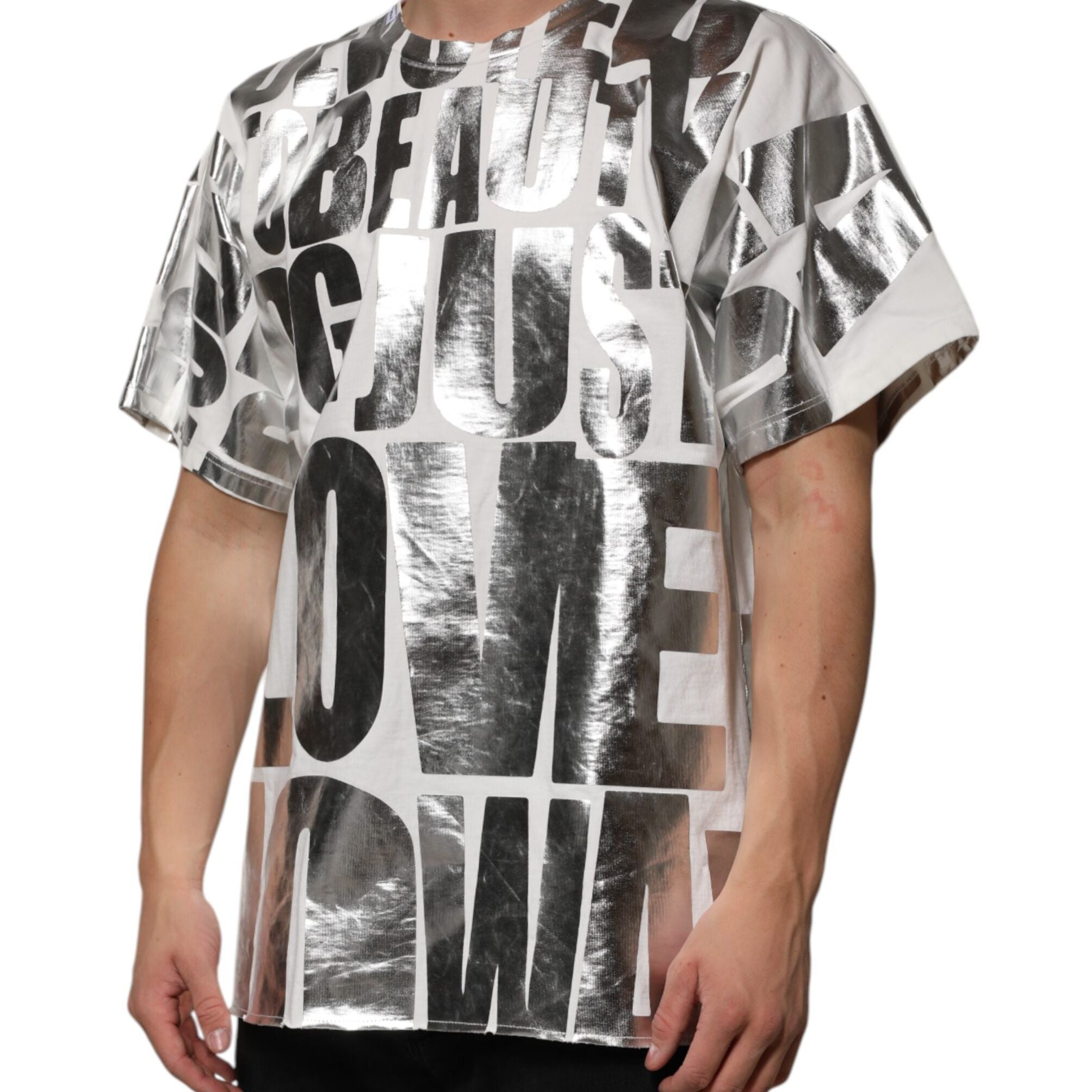 Dolce & Gabbana White Cotton Silver Metallic Slogan Print T-shirt