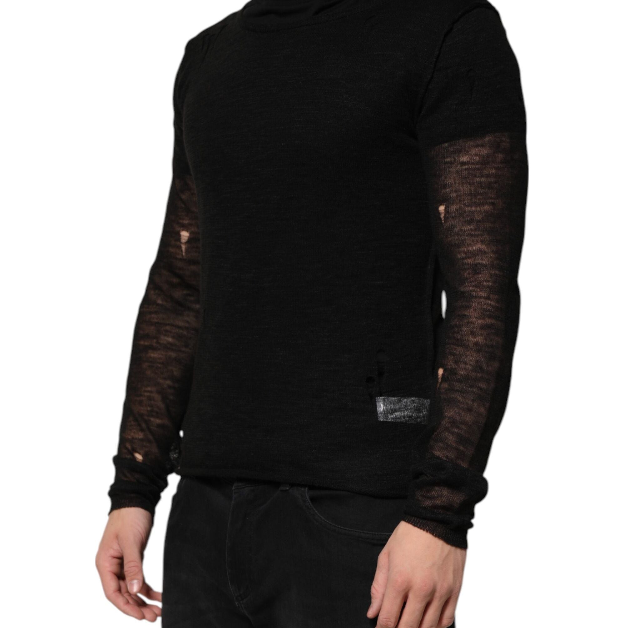 Dolce & Gabbana Black Linen Mesh Tattered Longsleeves T-shirt