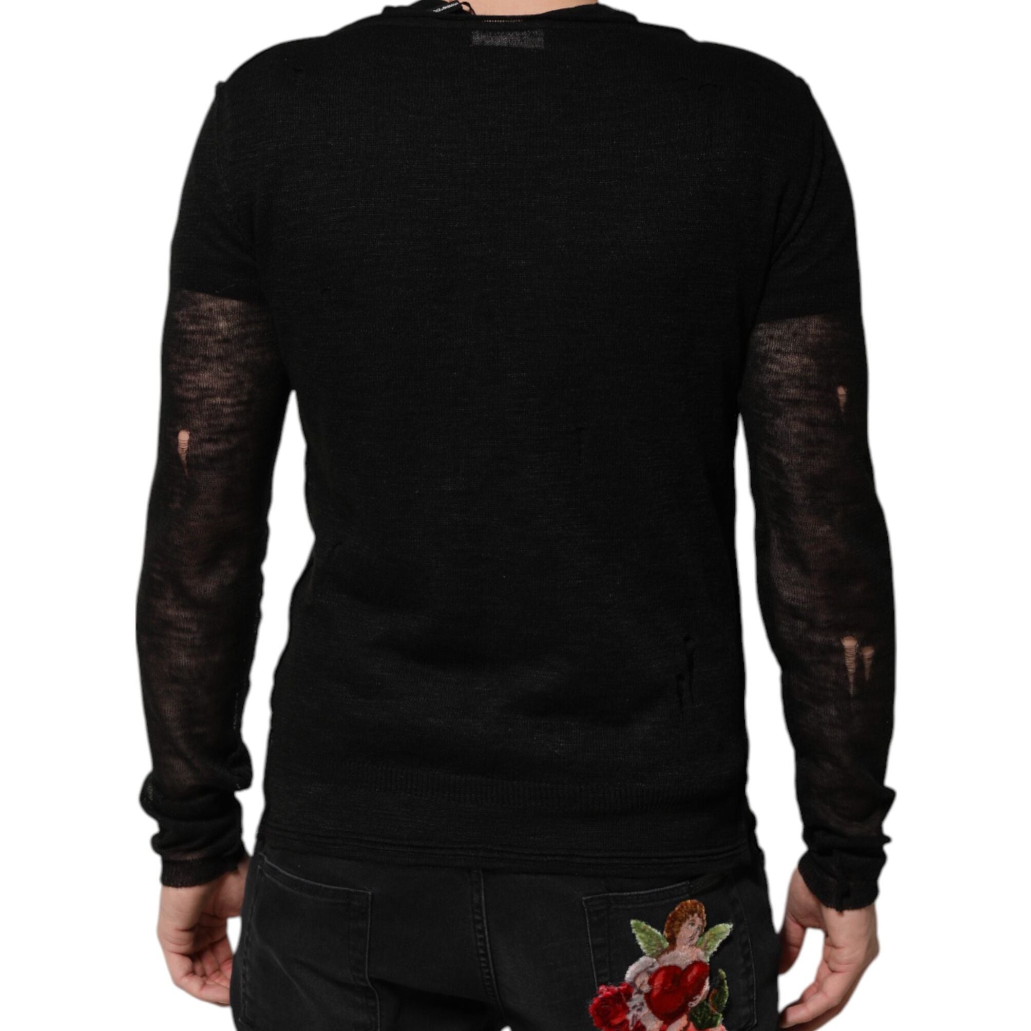 Dolce & Gabbana Black Linen Mesh Tattered Longsleeves T-shirt