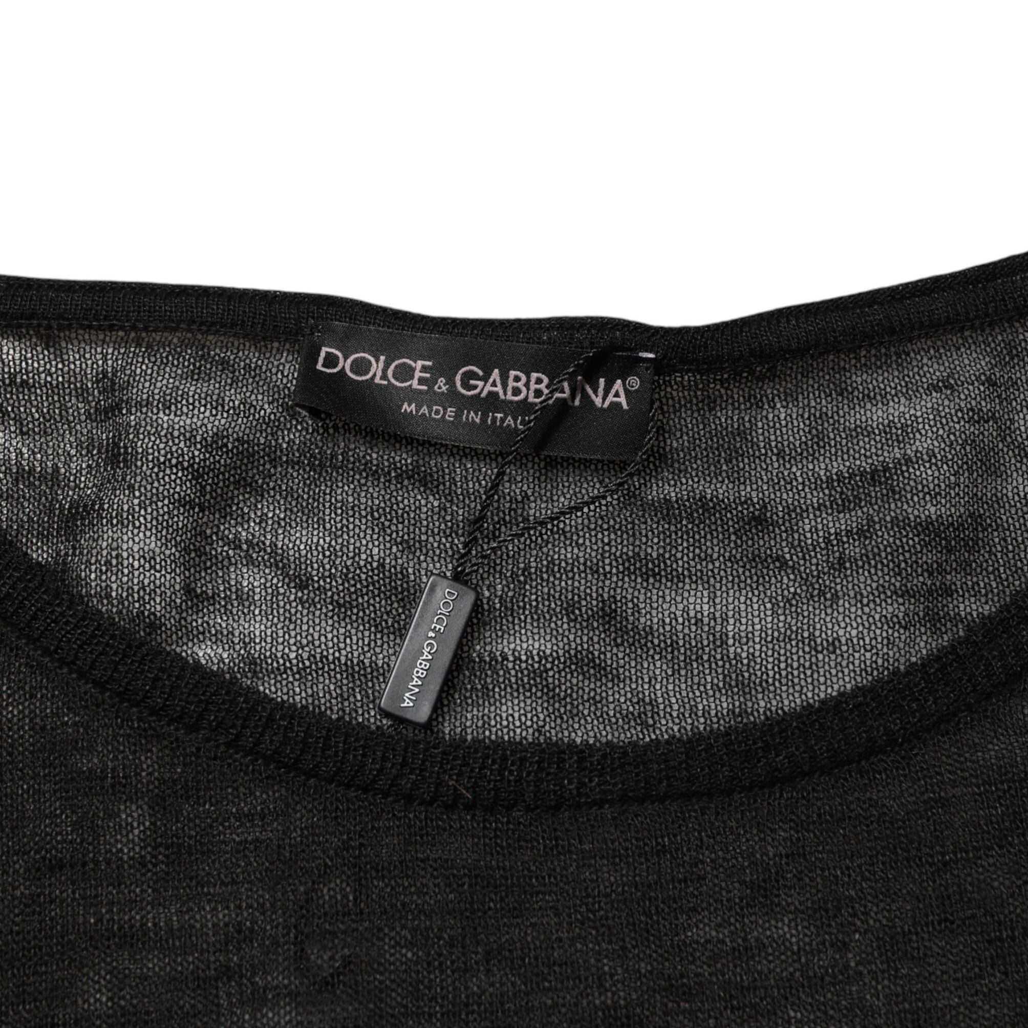 Dolce & Gabbana Black Linen Mesh Tattered Longsleeves T-shirt