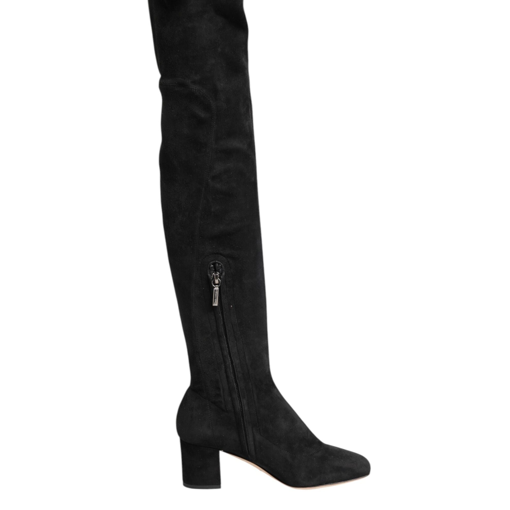 Dolce & Gabbana Black Suede Leather Knee High Boots Shoes