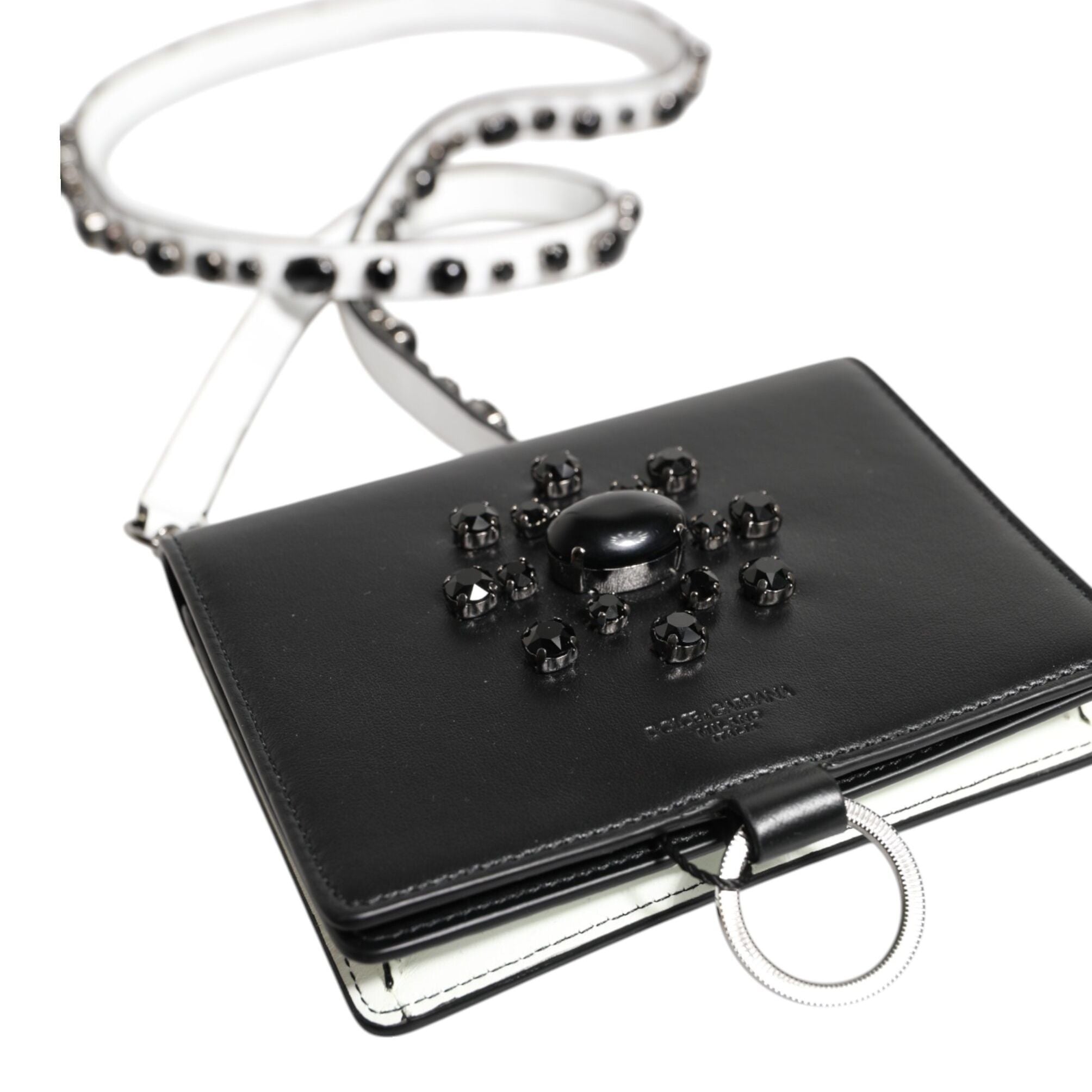 Dolce & Gabbana Black Leather Crystal Embellished Card Holder Wallet