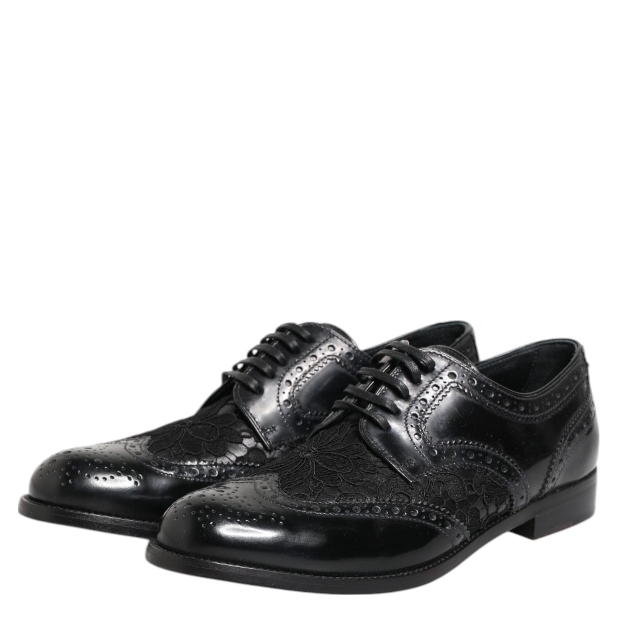Dolce & Gabbana Black Leather Floral Lace Dress Formal  Shoes