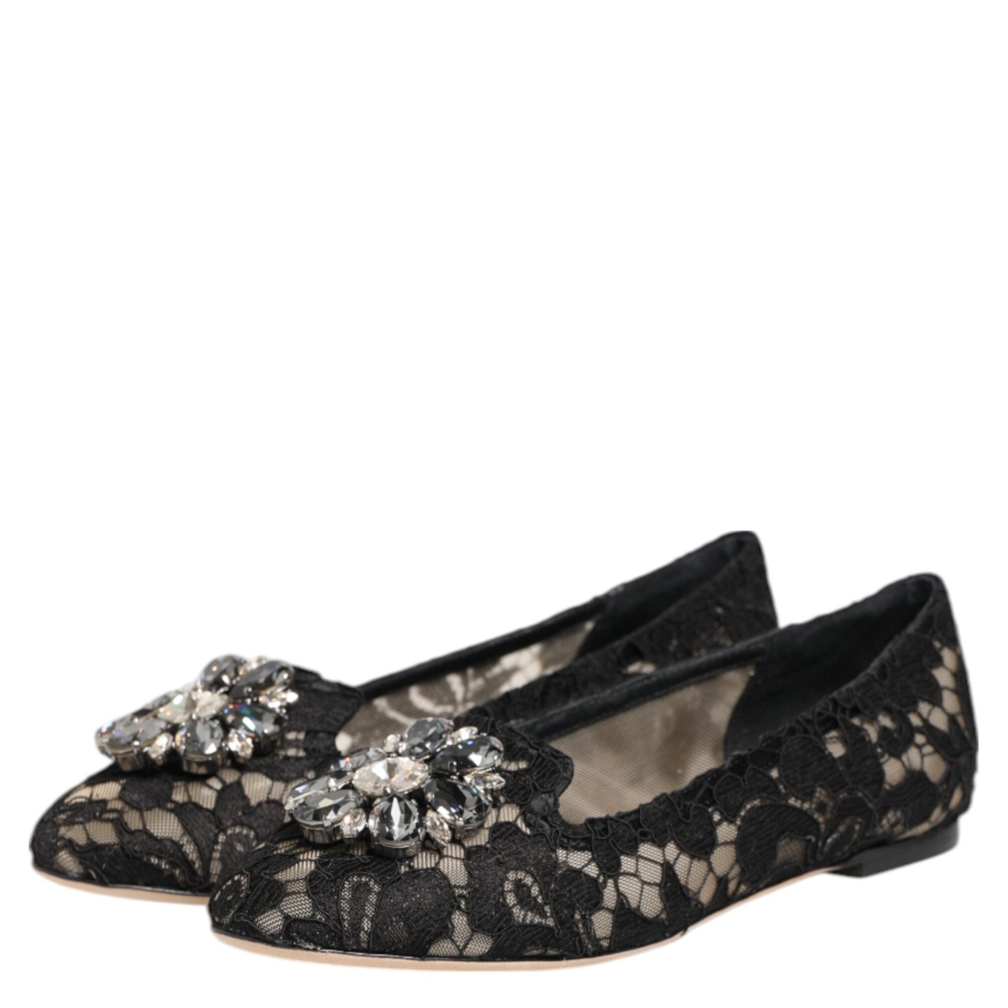 Dolce & Gabbana Black Taormina Lace Crystals Flats Shoes