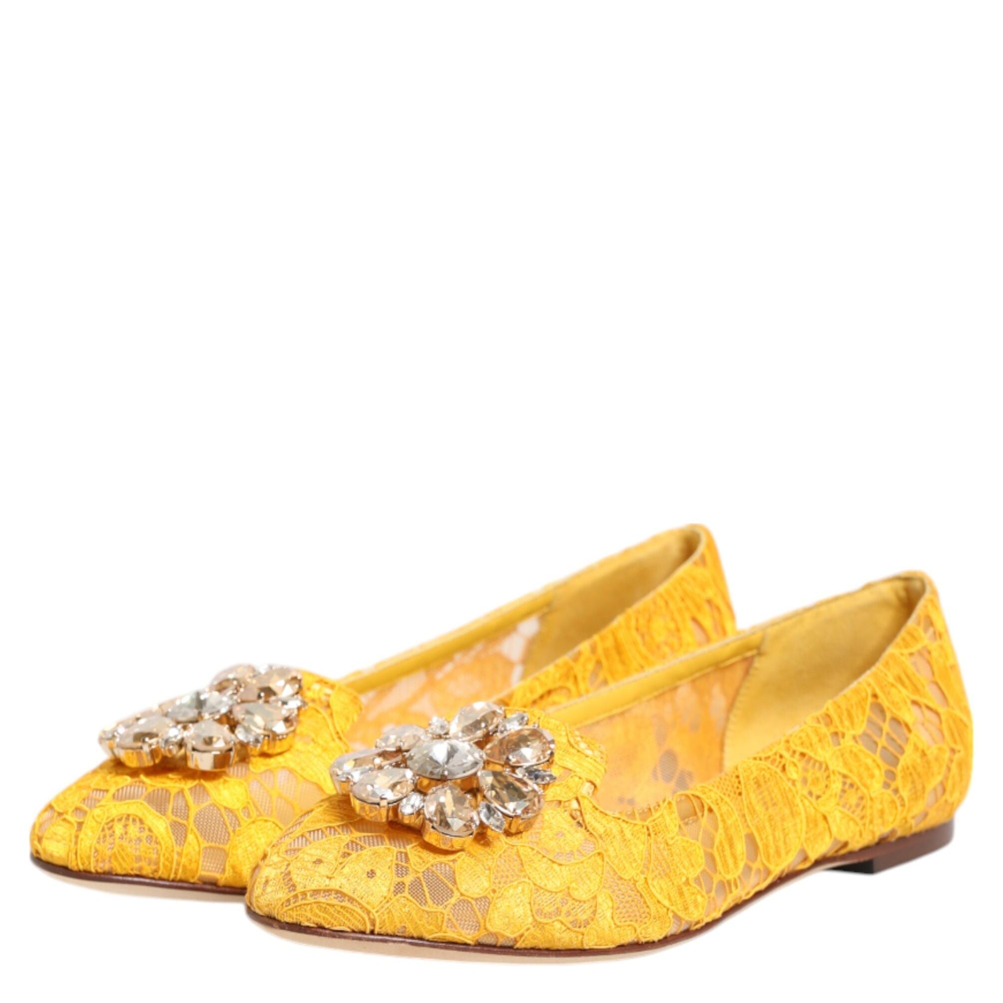 Dolce & Gabbana Yellow Taormina Lace Crystals Flats Shoes