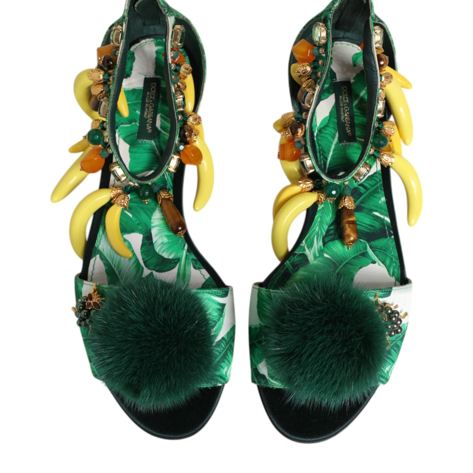 Dolce & Gabbana Green Mink Fur Satin Banana Leaf Sandals Shoes