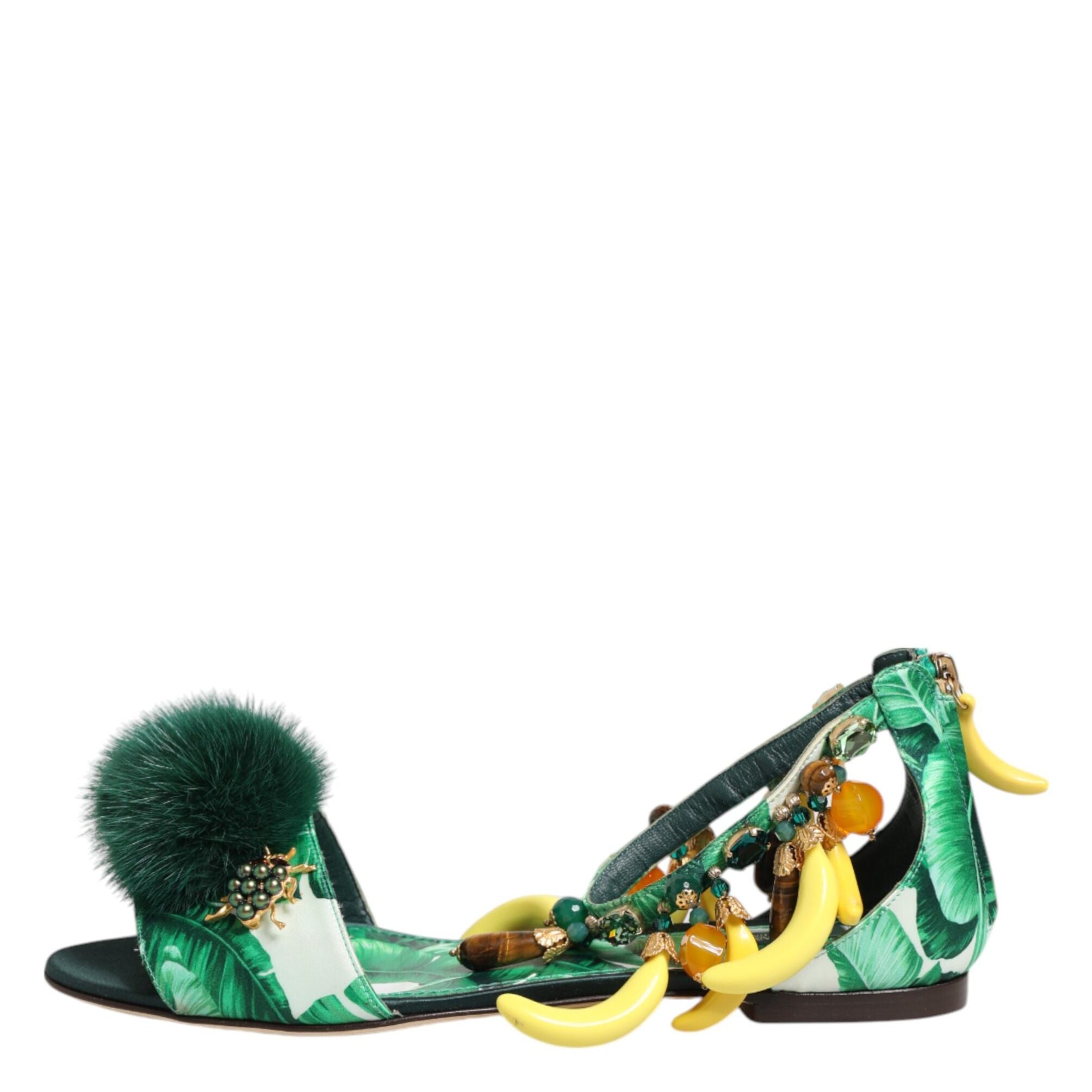 Dolce & Gabbana Green Mink Fur Satin Banana Leaf Sandals Shoes