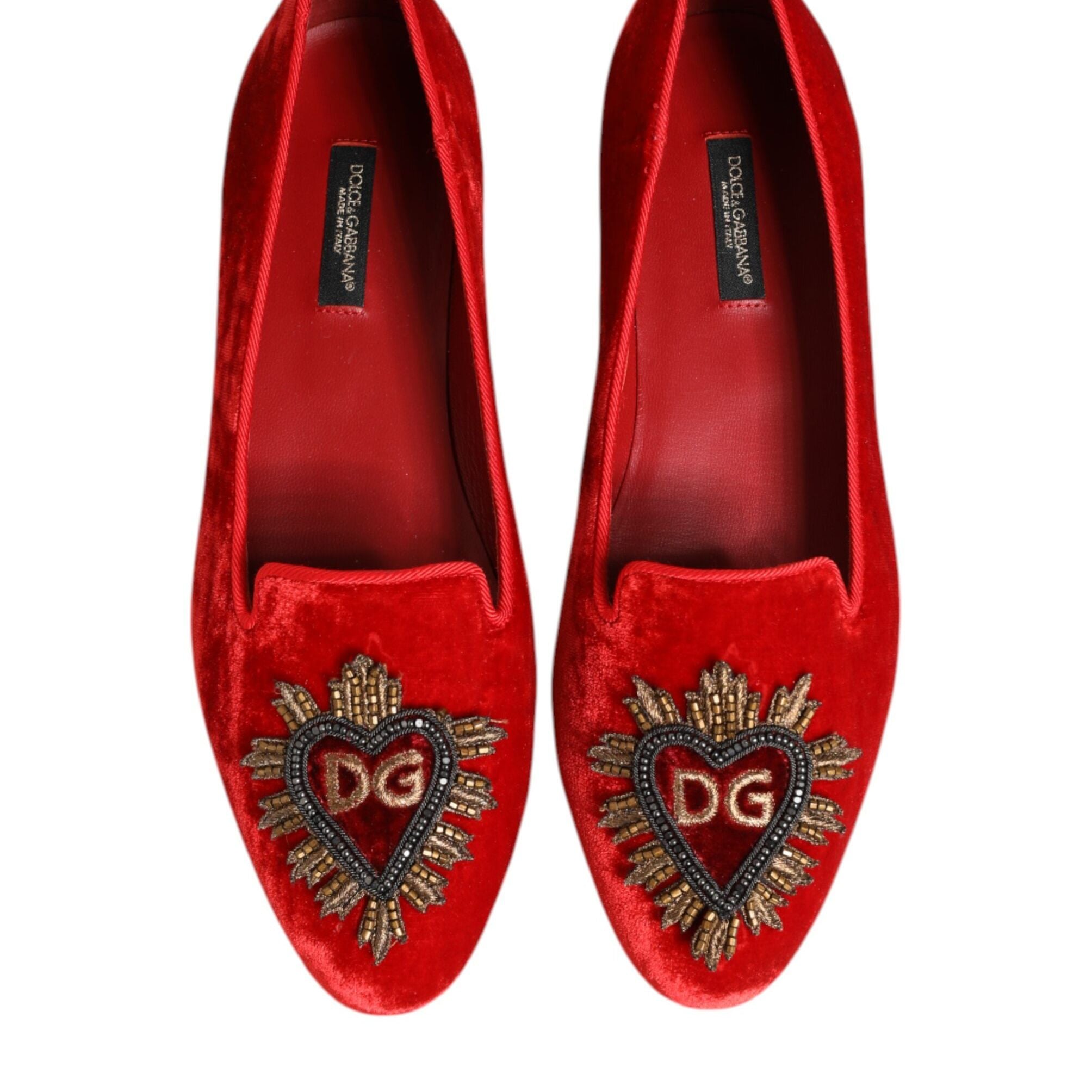 Dolce & Gabbana Red Velvet DG Heart Loafers Flats Shoes