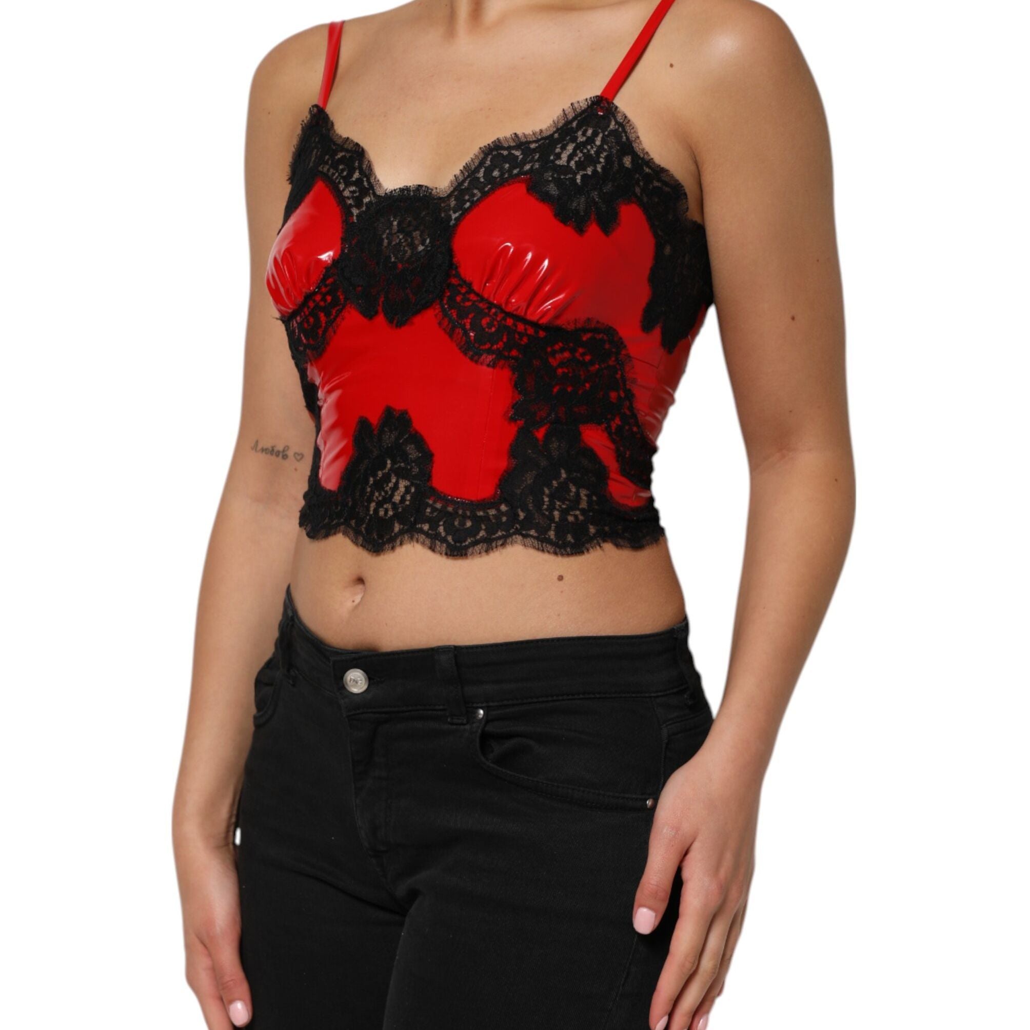 Dolce & Gabbana Red Black Lace Trim Polyester Sleeveless Tank Top