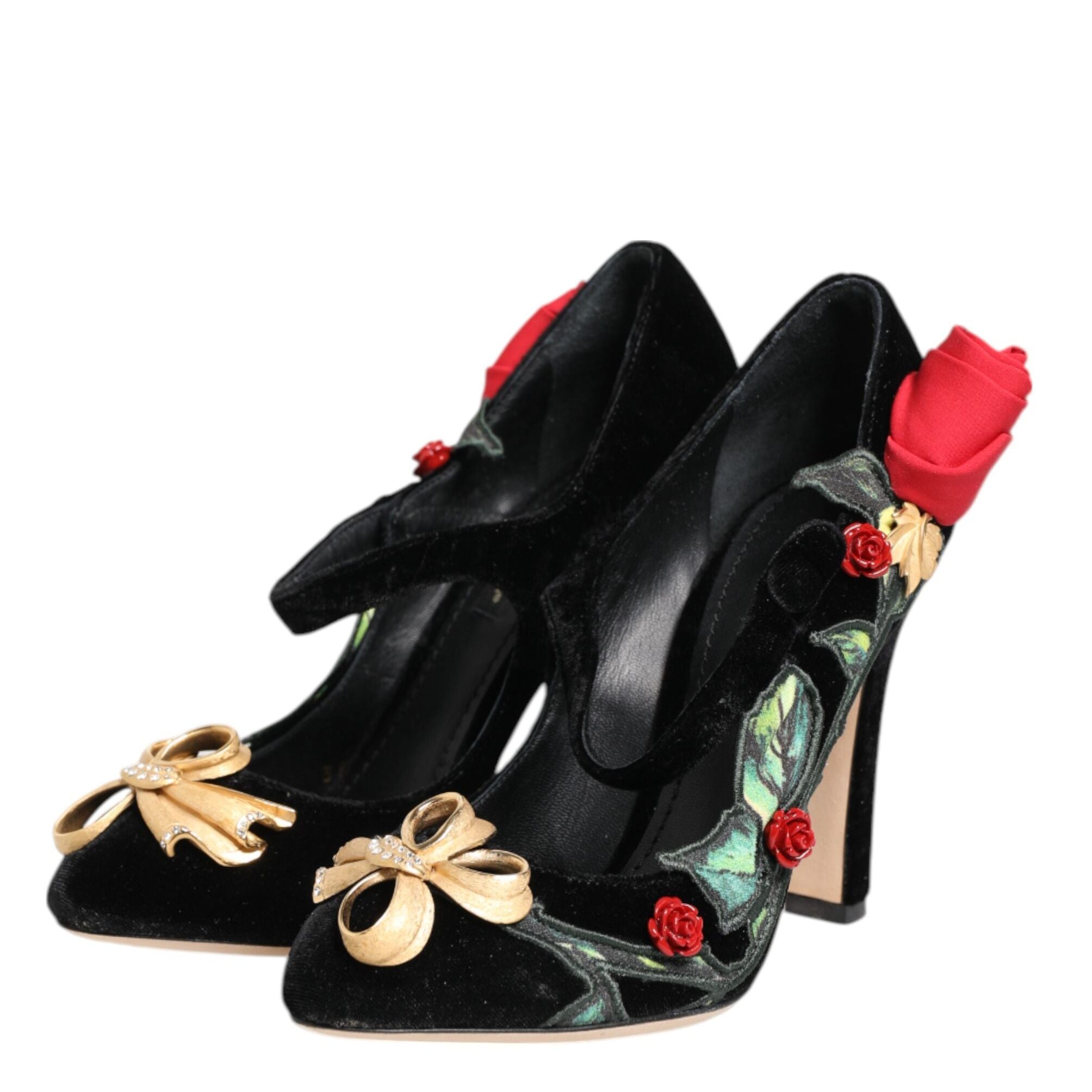 Dolce & Gabbana Black Roses Crystal Brooch Mary Jane Shoes