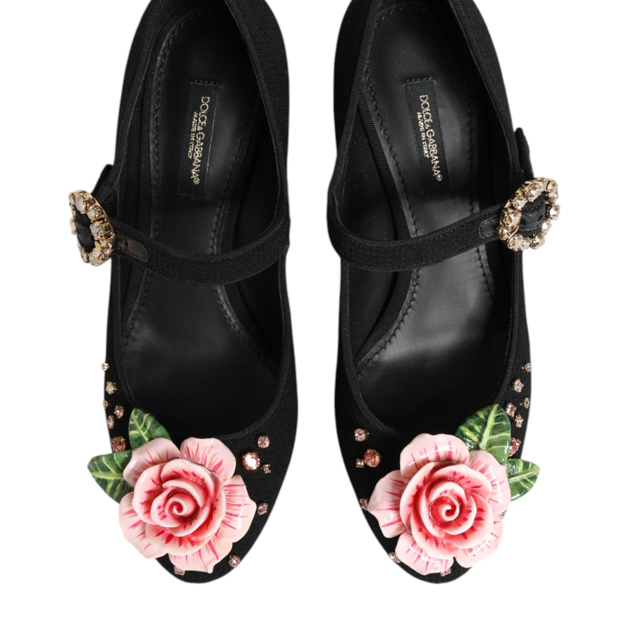 Dolce & Gabbana Black Flower Crystal Embellished Mary Jane Shoes
