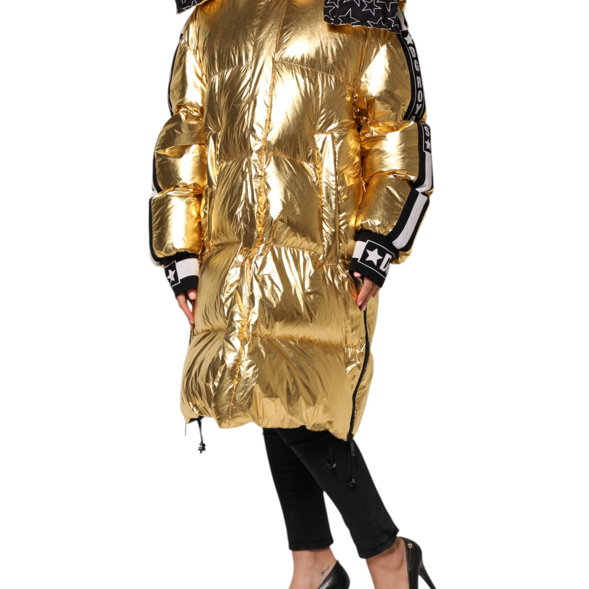 Dolce & Gabbana Gold Hooded Puffer Quilted Full Zip Jacket